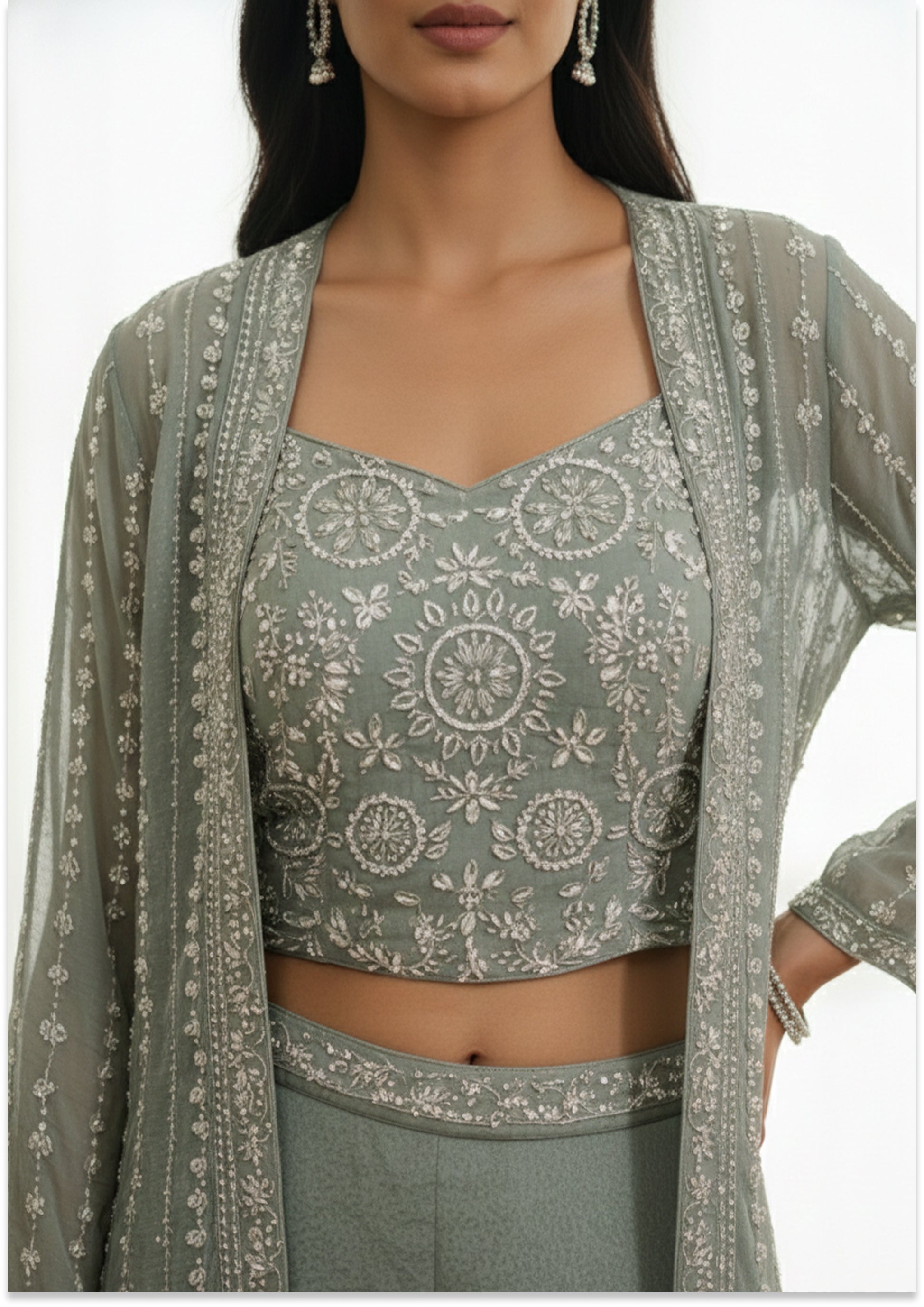 Light Greenish Grey Handcrafted Sharara with Jacket