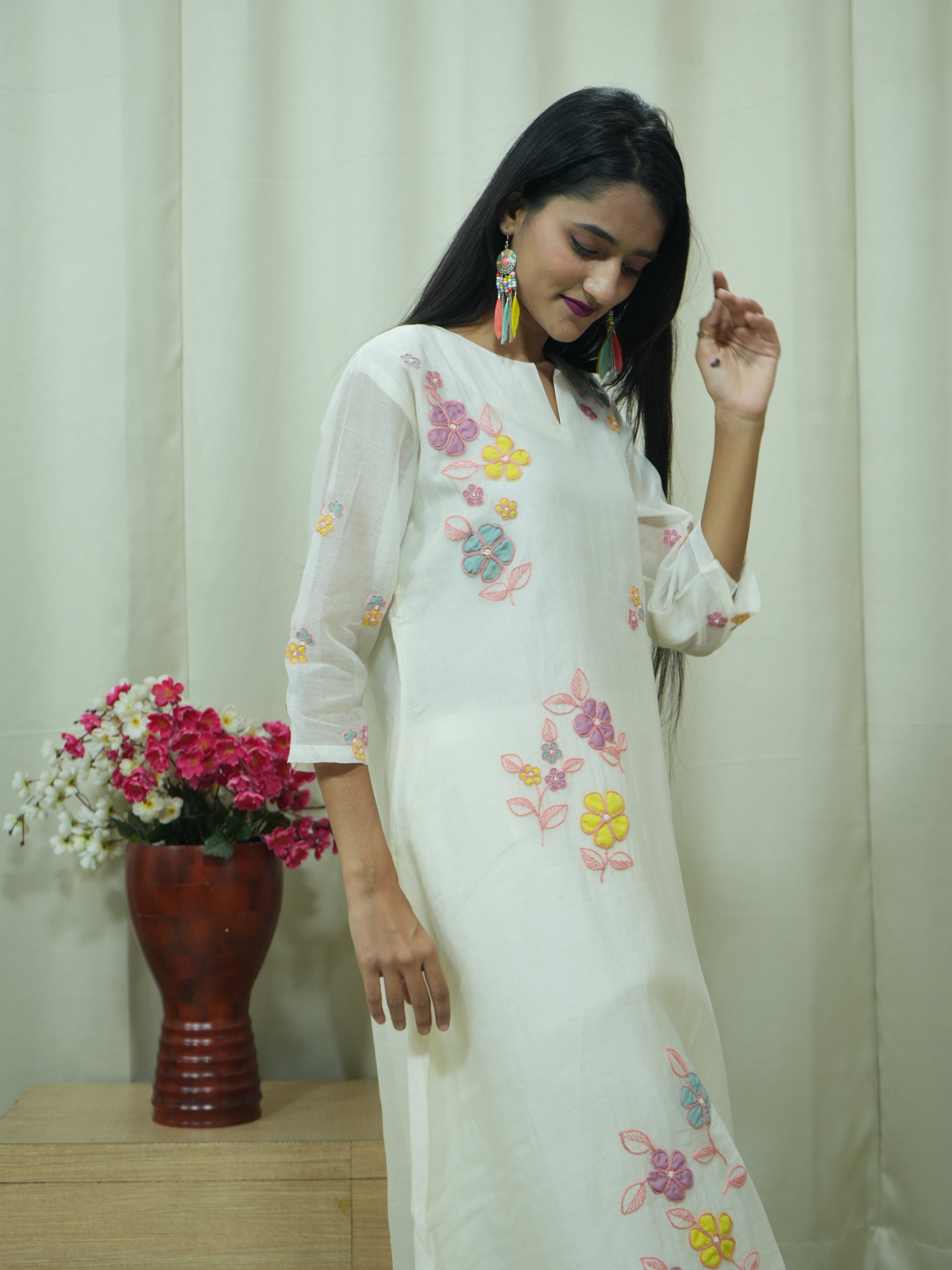 Off White Handcrafted Mul Chanderi A-line Suit Set