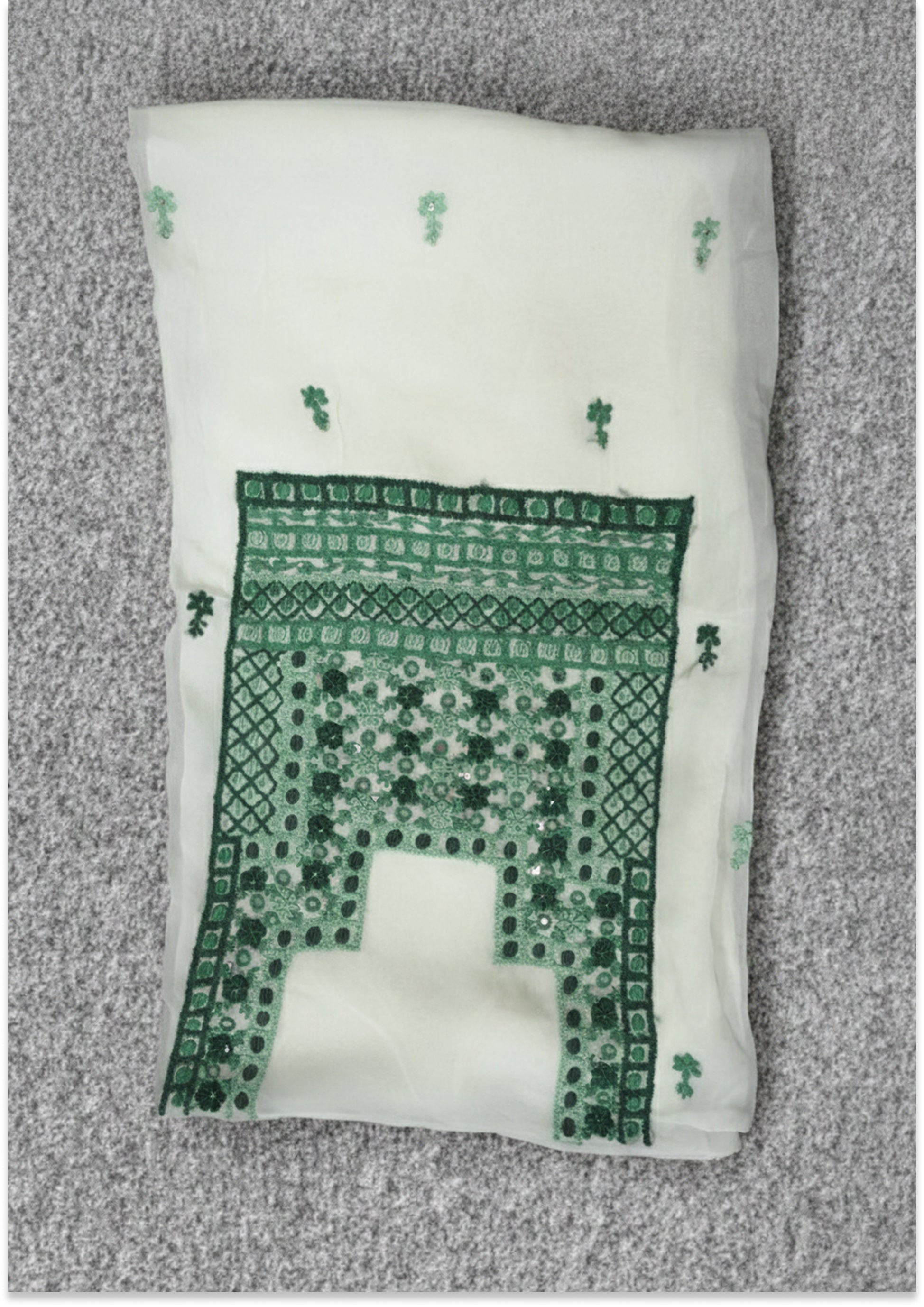 Off White Georgette Unstitched suit material with Bottle Green Knot Work