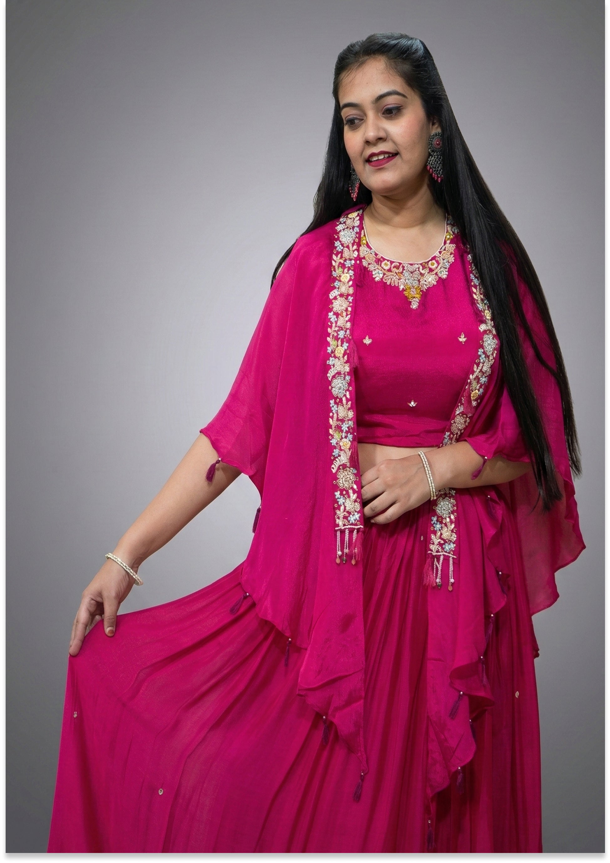 Magenta Handcrafted Lehenga with Cape
