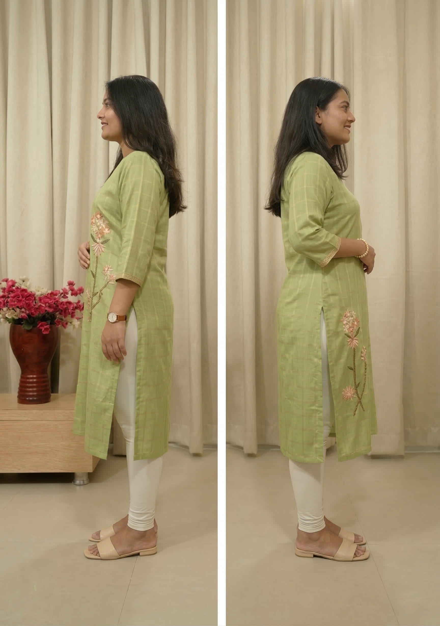 Pista Green Cotton Handcrafted Kurti