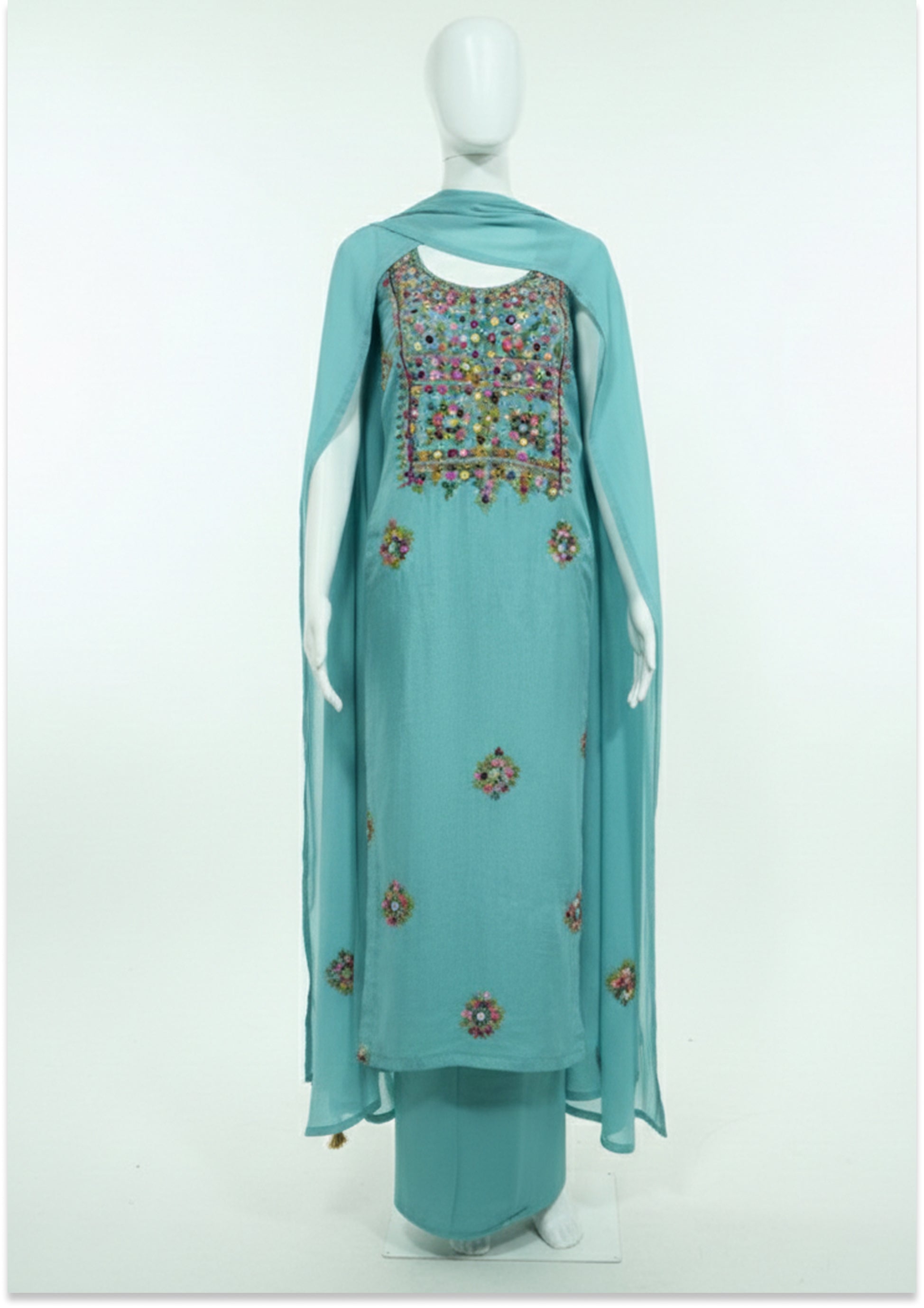 Light Turquoise Knot Work Unstitched Suit Material
