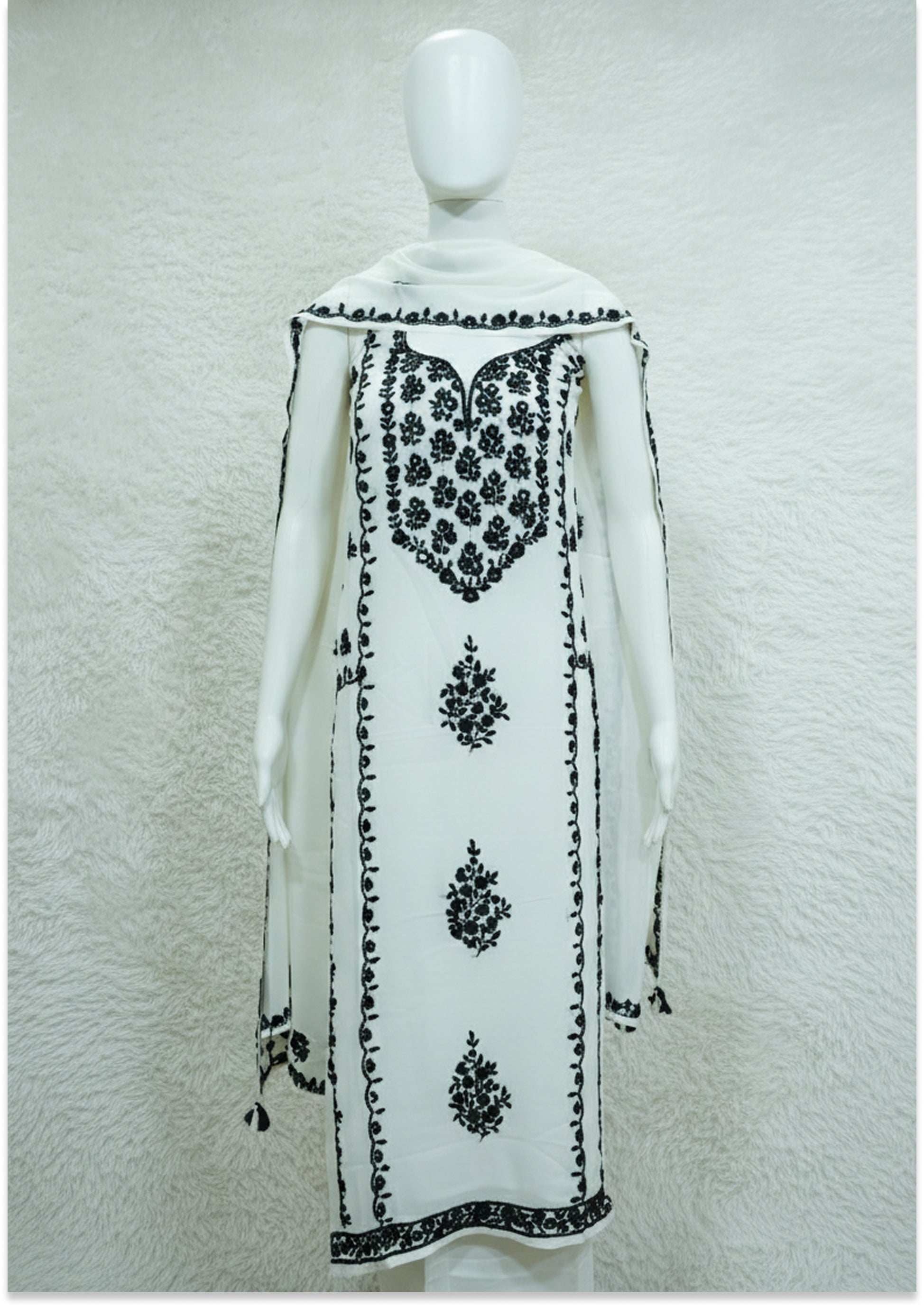 Off White & Black Georgette Handcrafted Unstitched suit Material