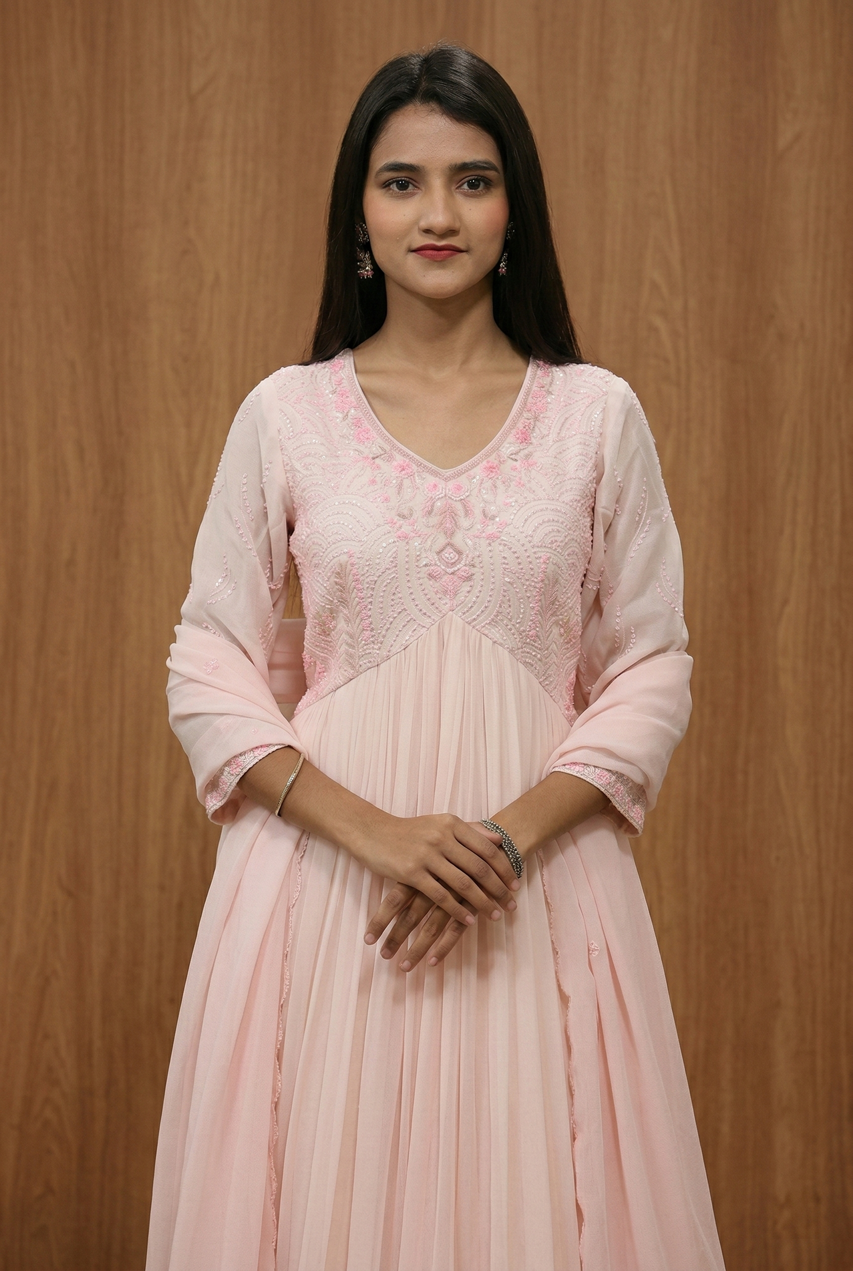 Nude Peach Handcrafted Evening Gown with Aliya cut yoke