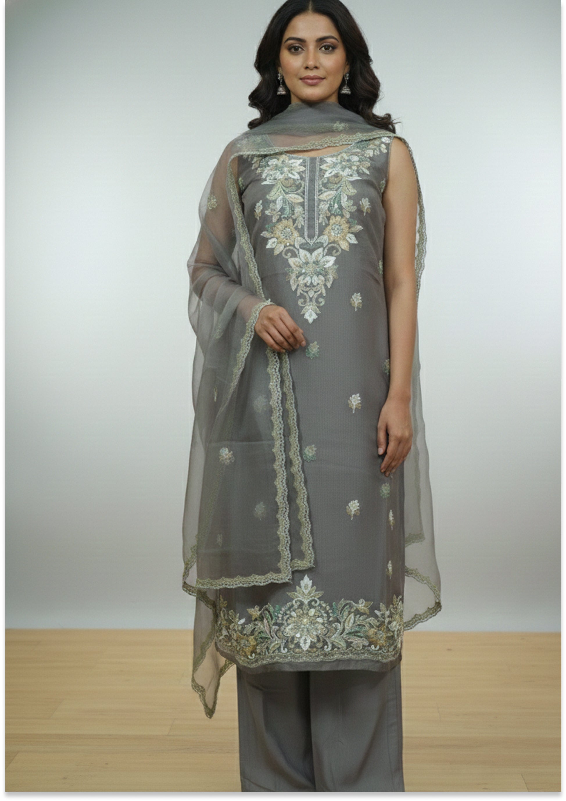 Mouse Color Pure Organza Handcrafted Premium Unstitched suit Material