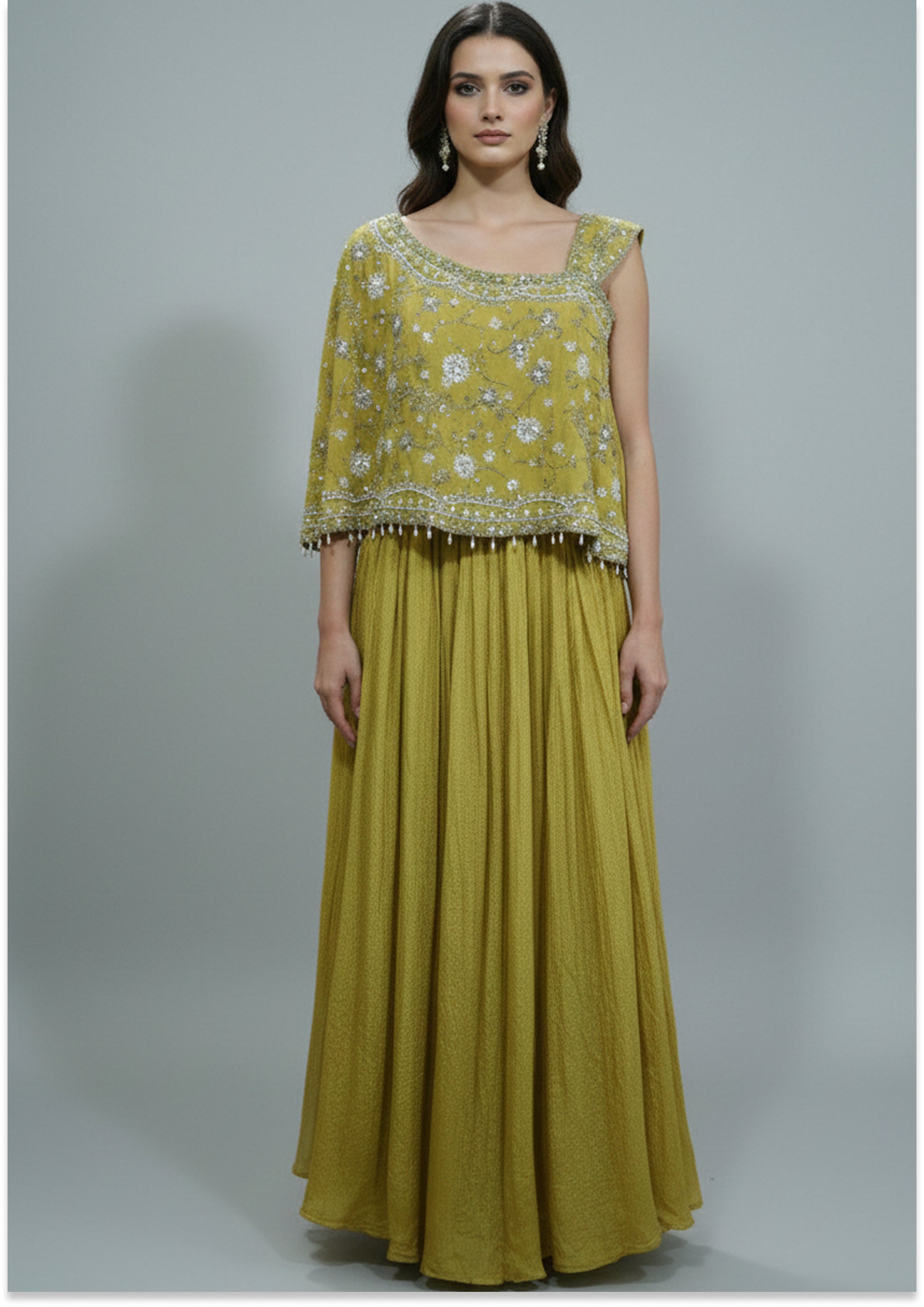Pastel Lime Greenish Yellow Handcrafted Indo-Western Lehenga