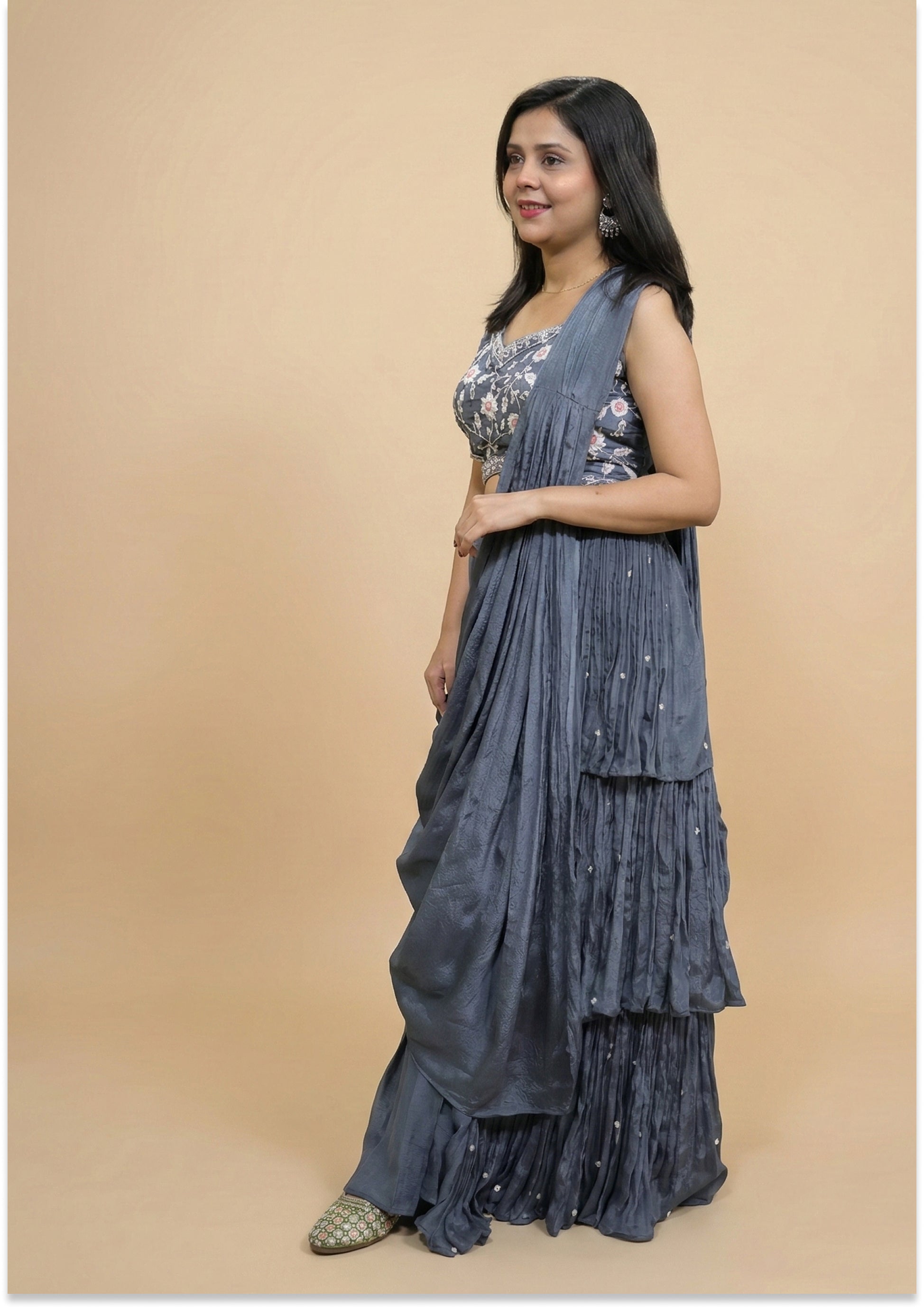 Grey Handcrafted Indo-Western Drape/Lehenga