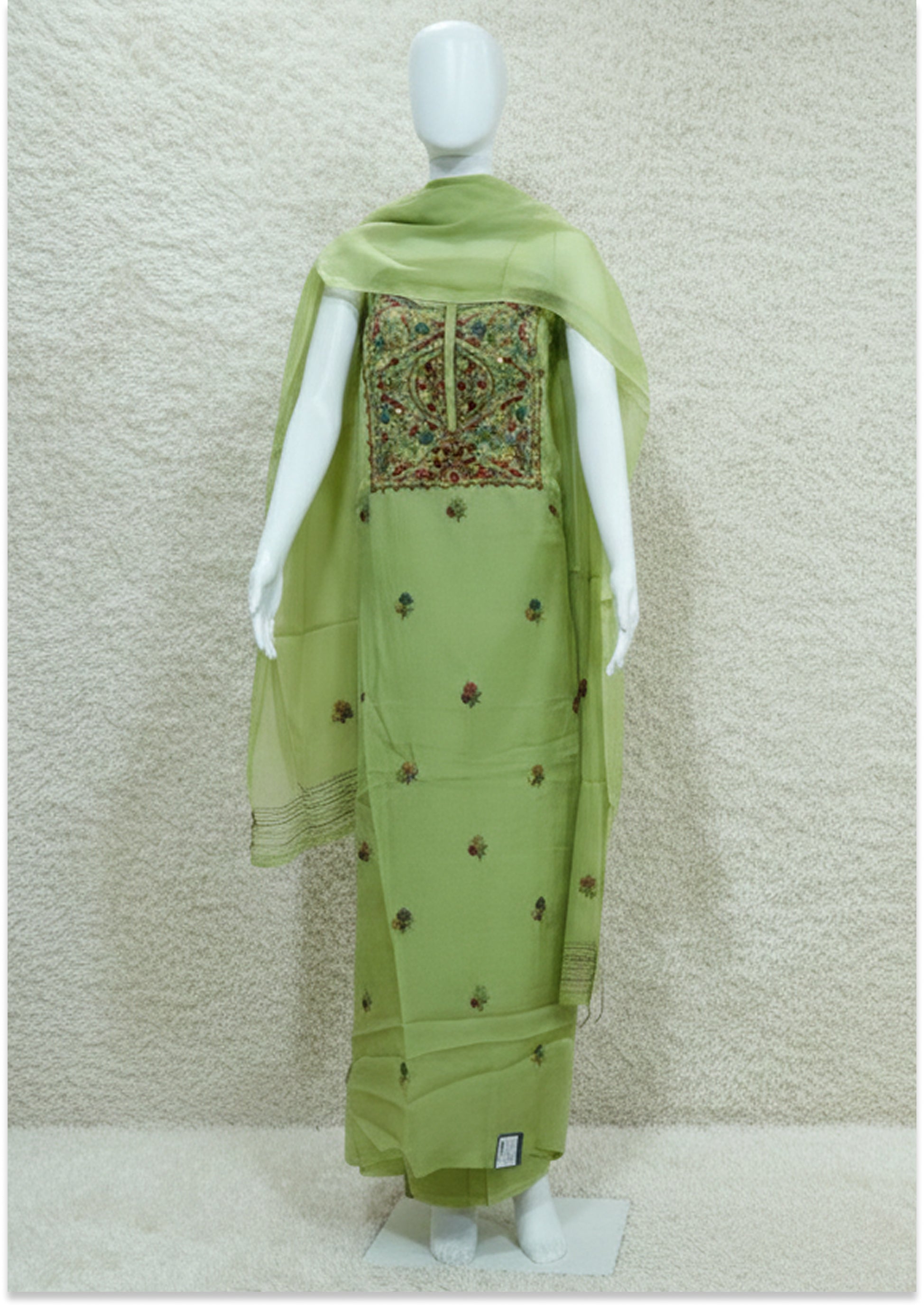 Mehendi Green Knot Work Unstitched Suit Material