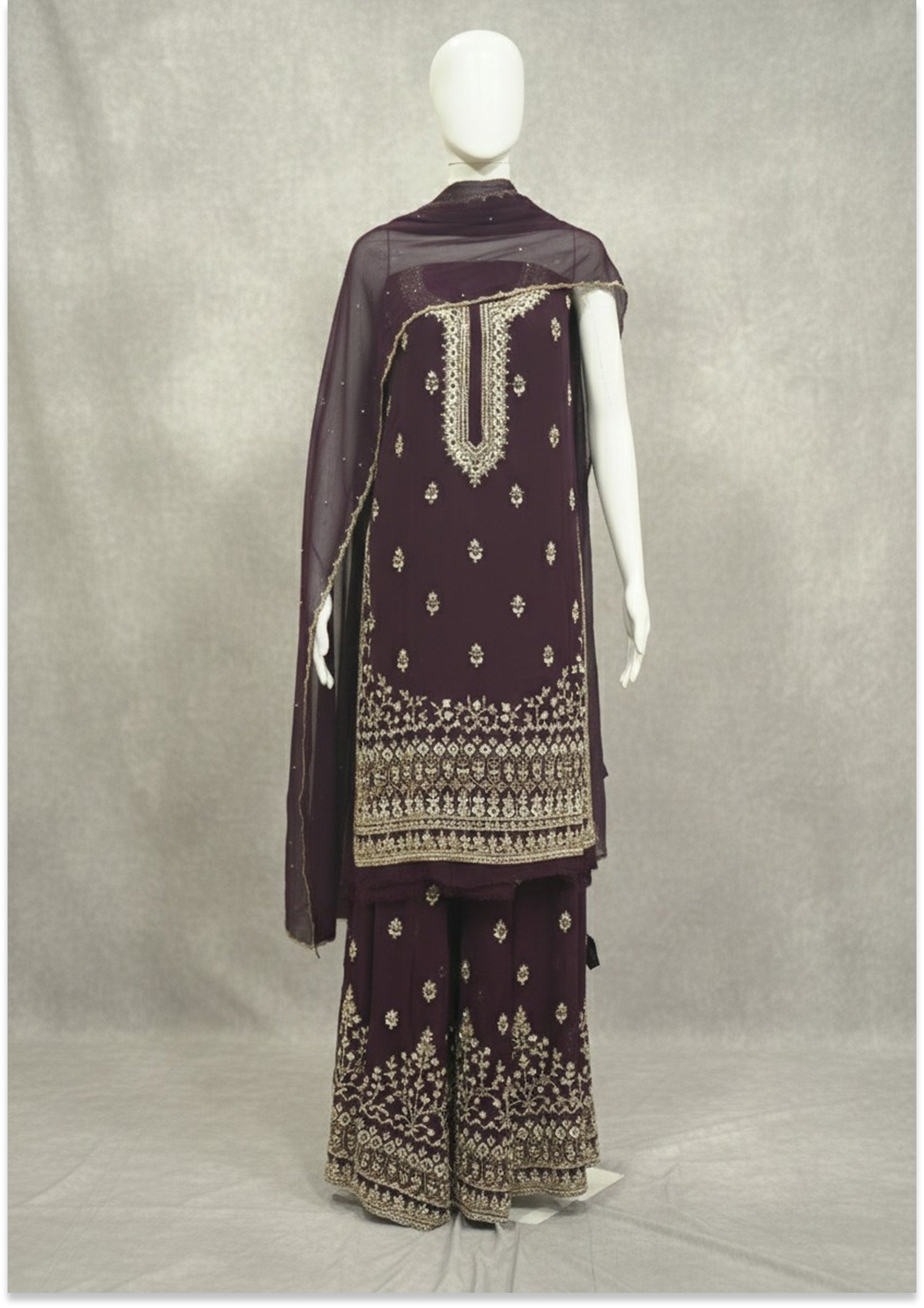 Wine Handcrafted Suit Material with Stitched Gharara