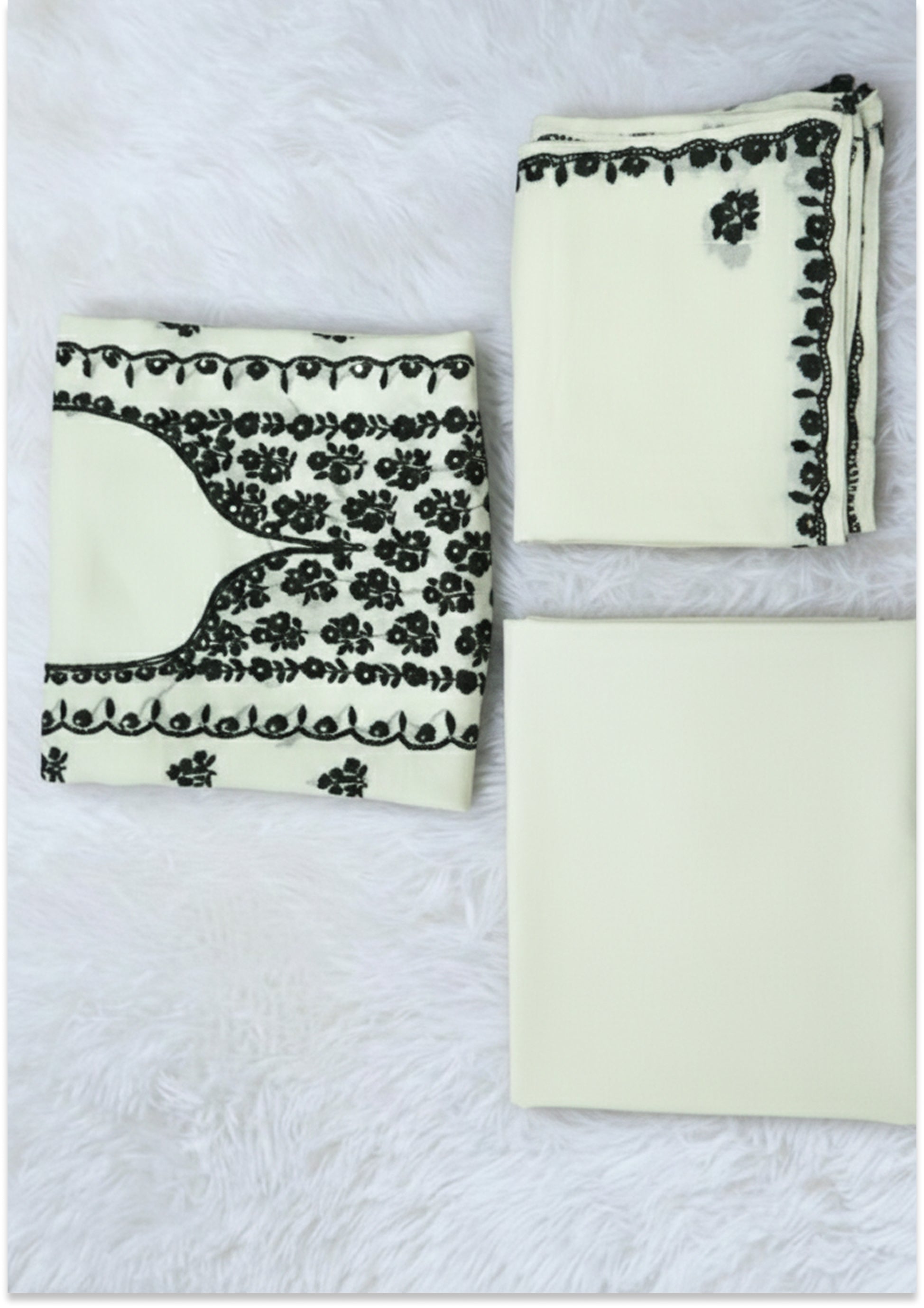 Off White & Black Georgette Handcrafted Unstitched suit Material