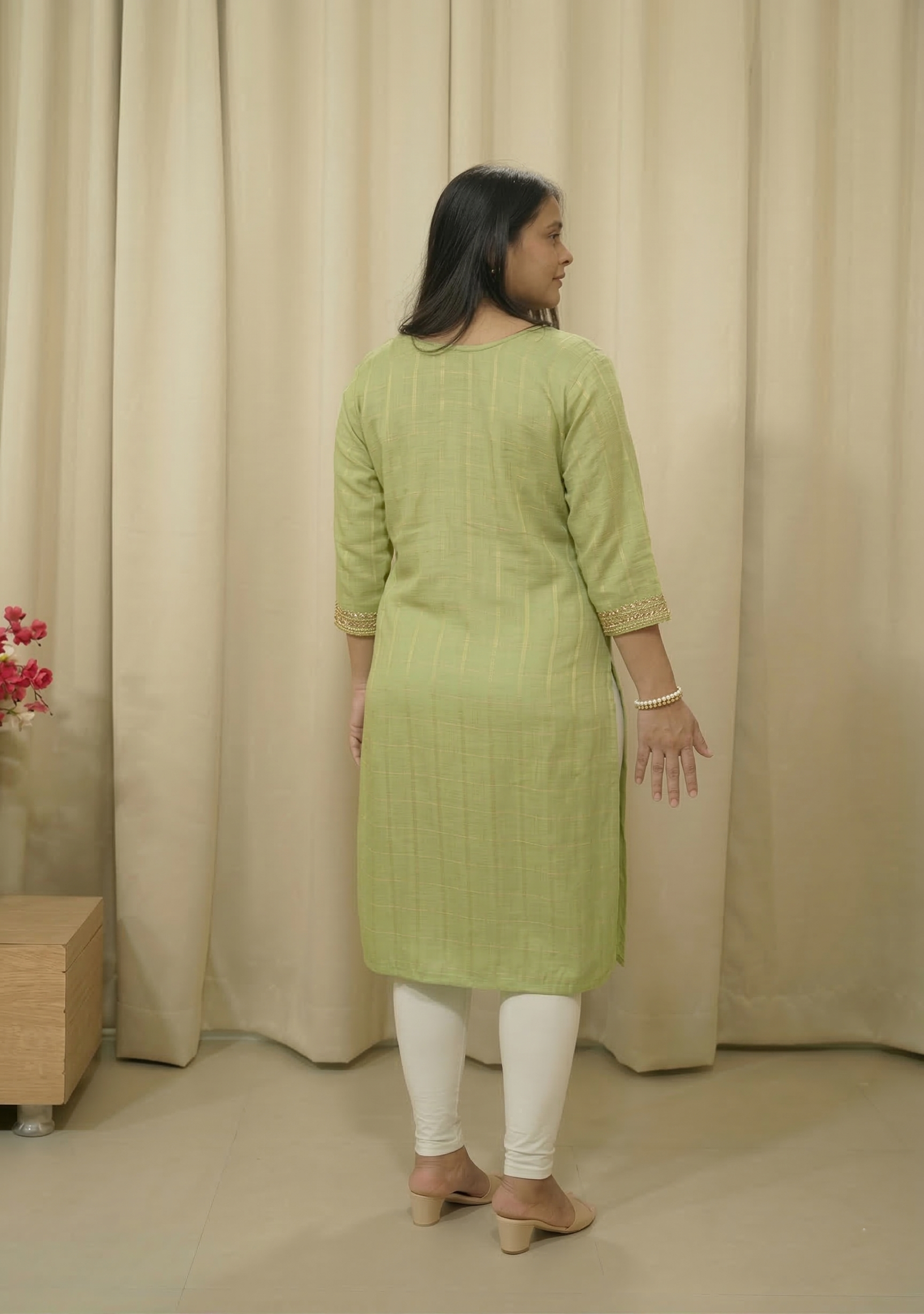 Pista Green Cotton Handcrafted Kurti