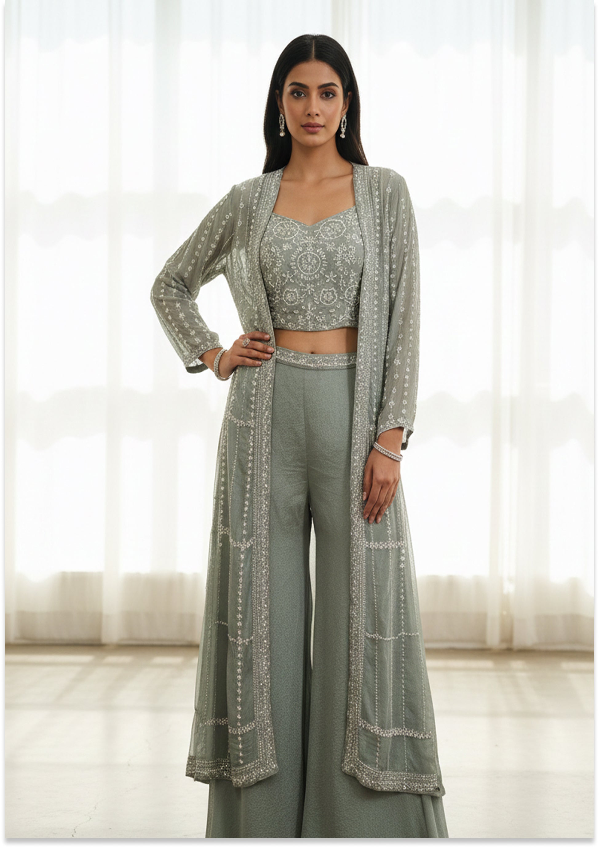 Light Greenish Grey Handcrafted Sharara with Jacket