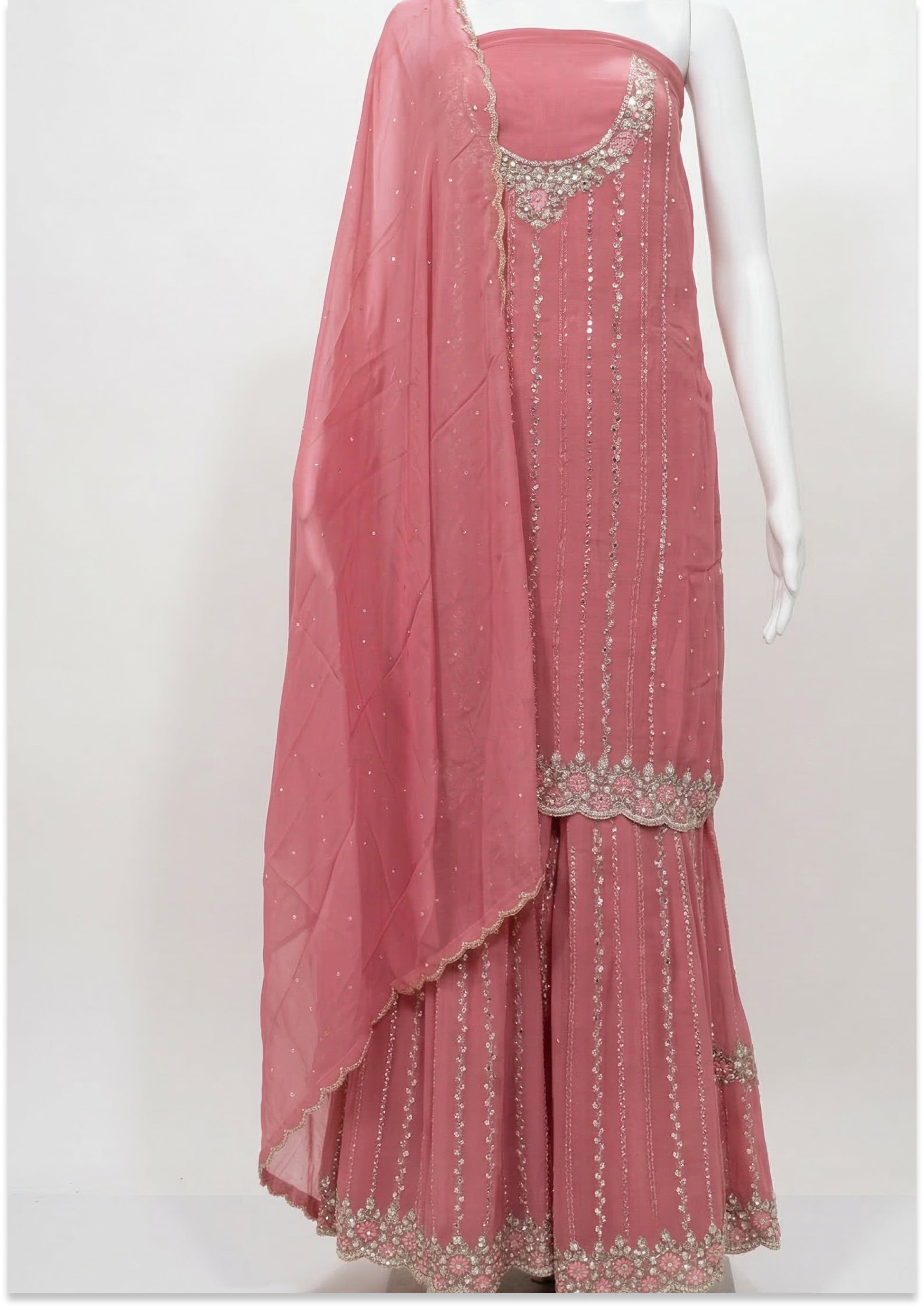 Peach Handcrafted Suit Material with Stitched Gharara