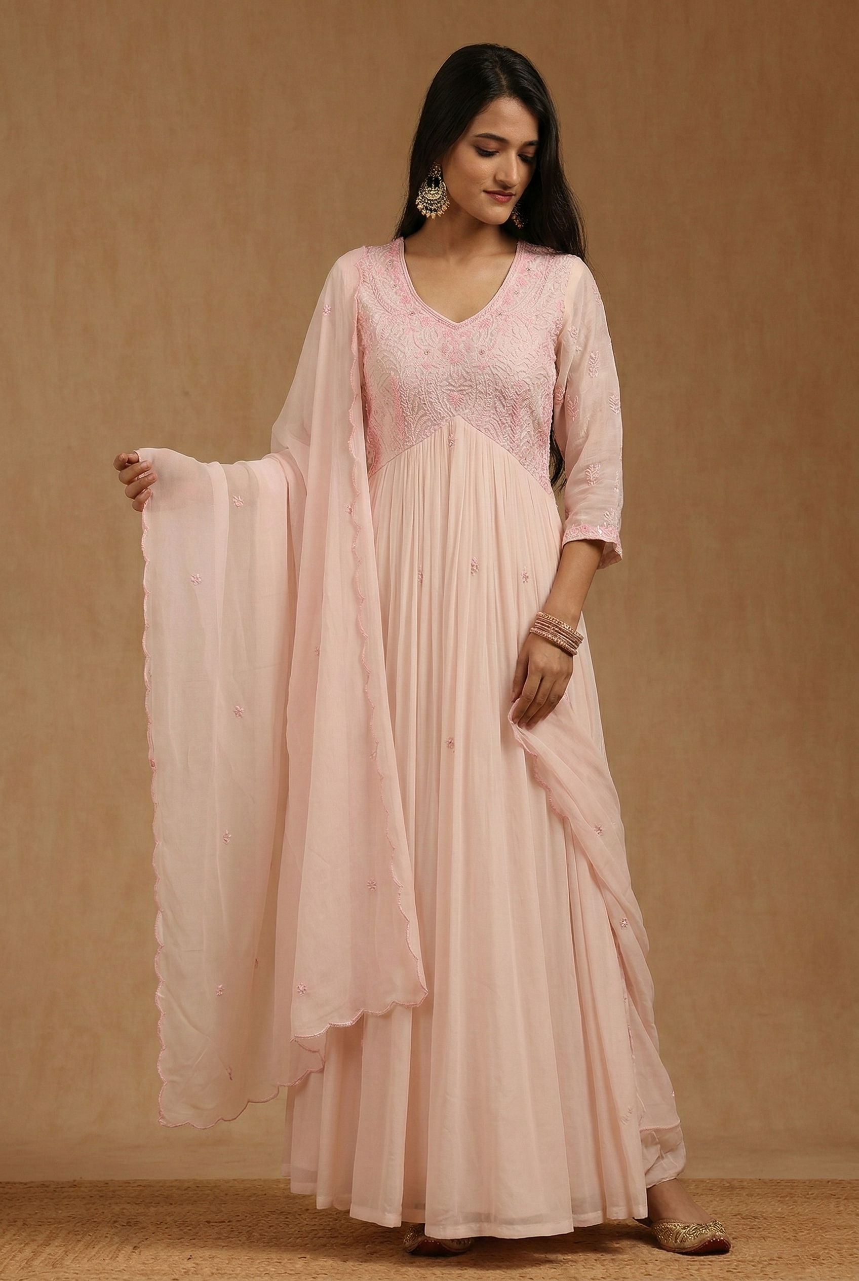 Nude Peach Handcrafted Evening Gown with Aliya cut yoke
