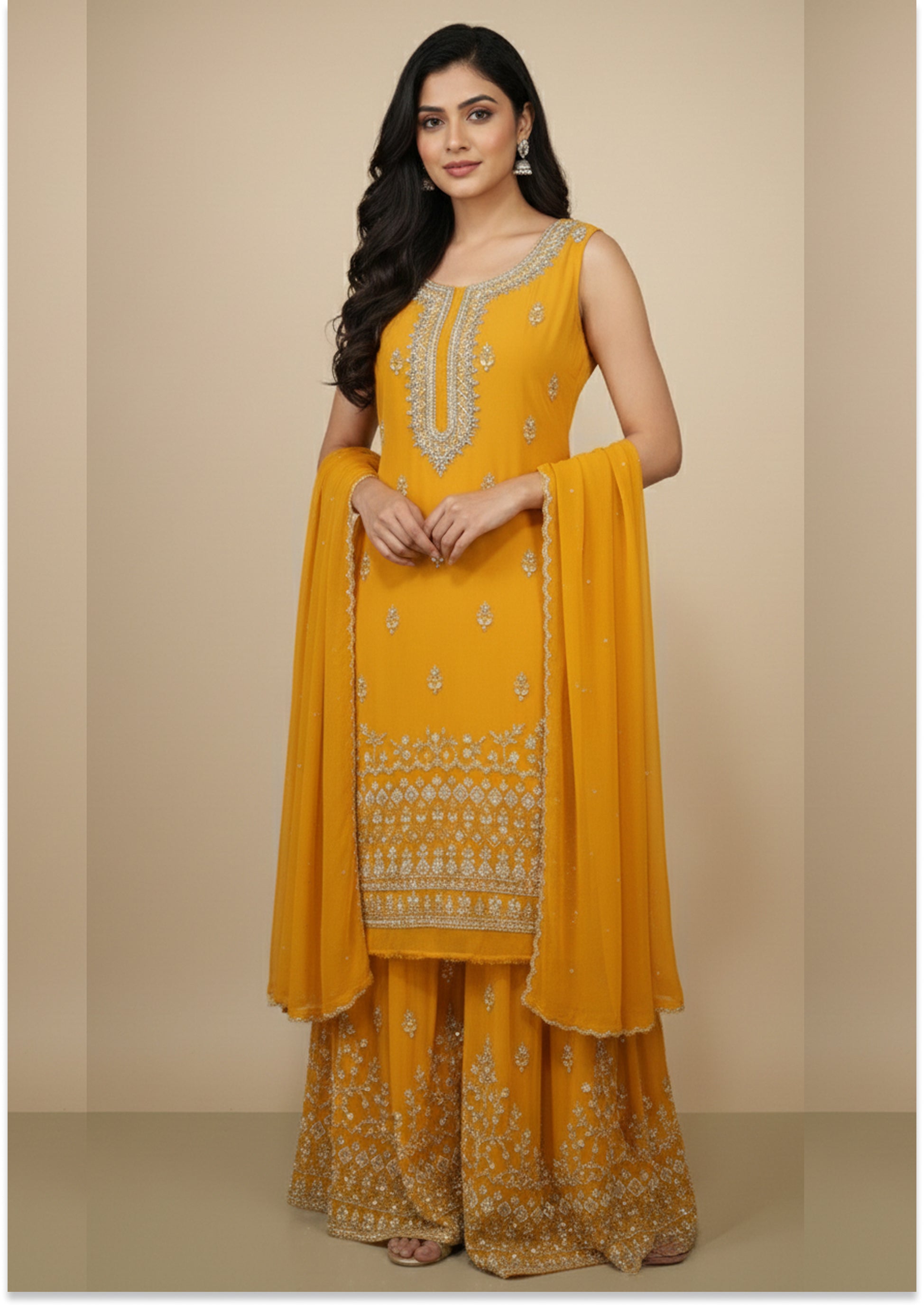 Golden Yellow Handcrafted Suit Material with Stitched Gharara