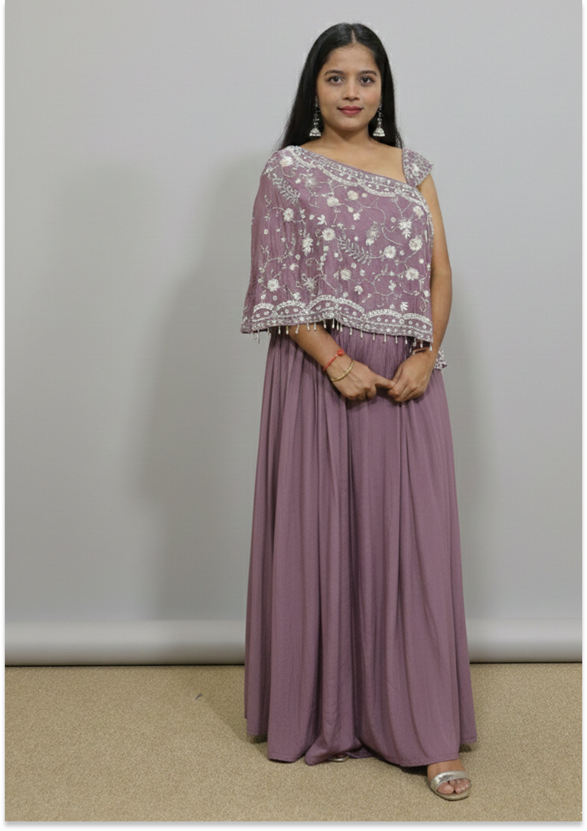 Nude lilac Handcrafted Asymmetric Indo-Western Lehenga