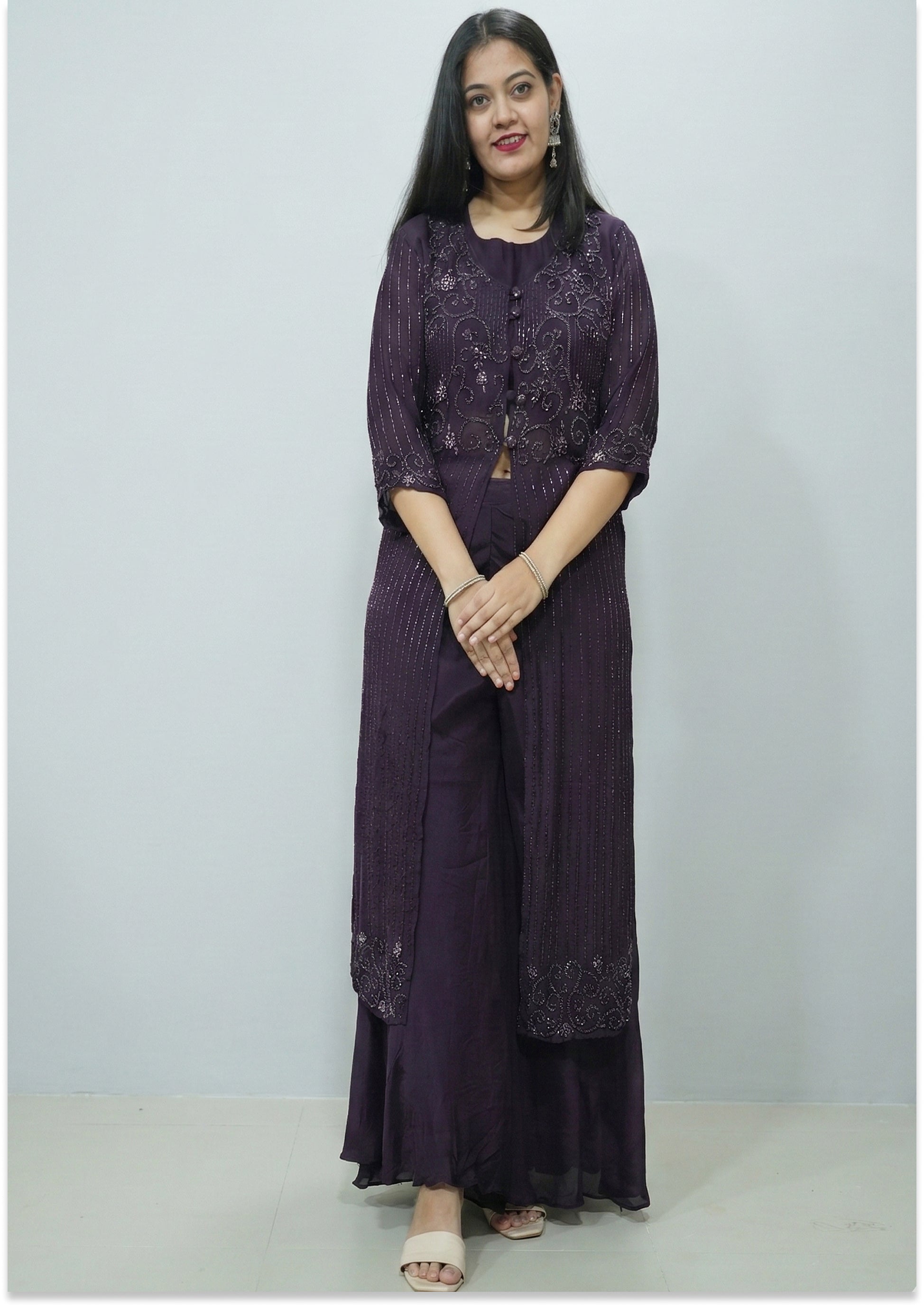 Wine Handcrafted Indo-Western Kurta Set with Long Jacket
