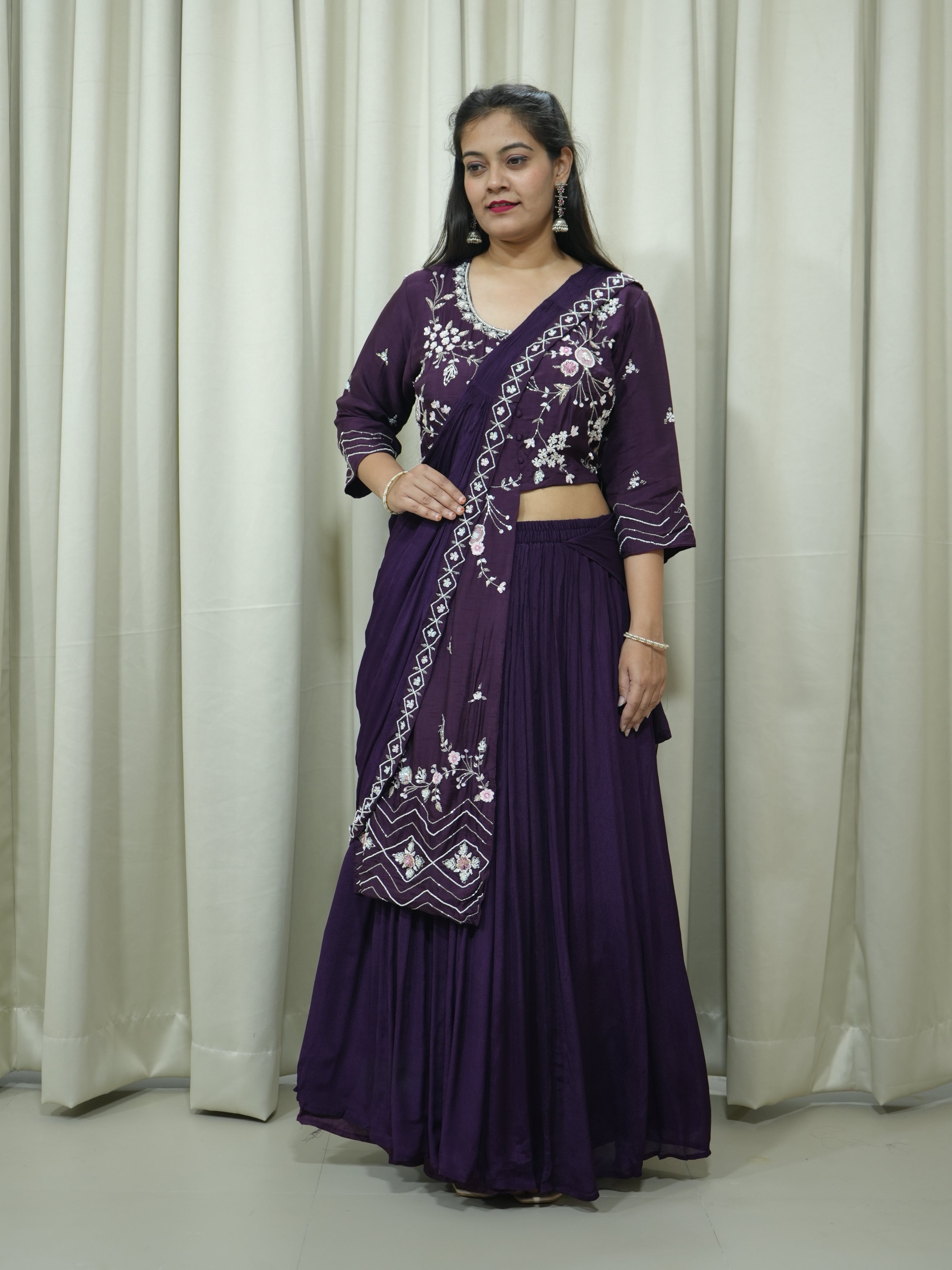 Wine Handcrafted Indo-Western Drape Dress with Skirt