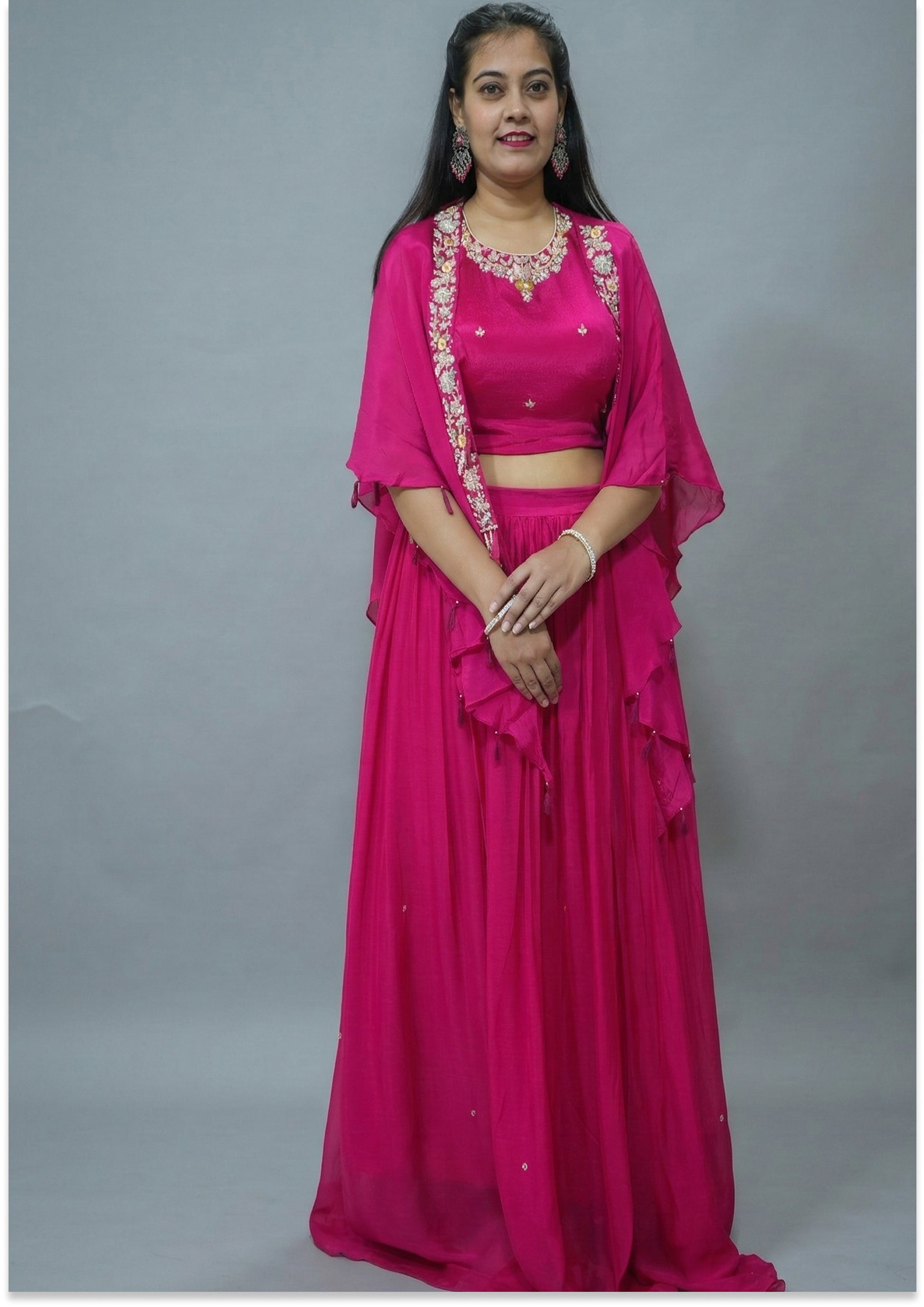 Magenta Handcrafted Lehenga with Cape