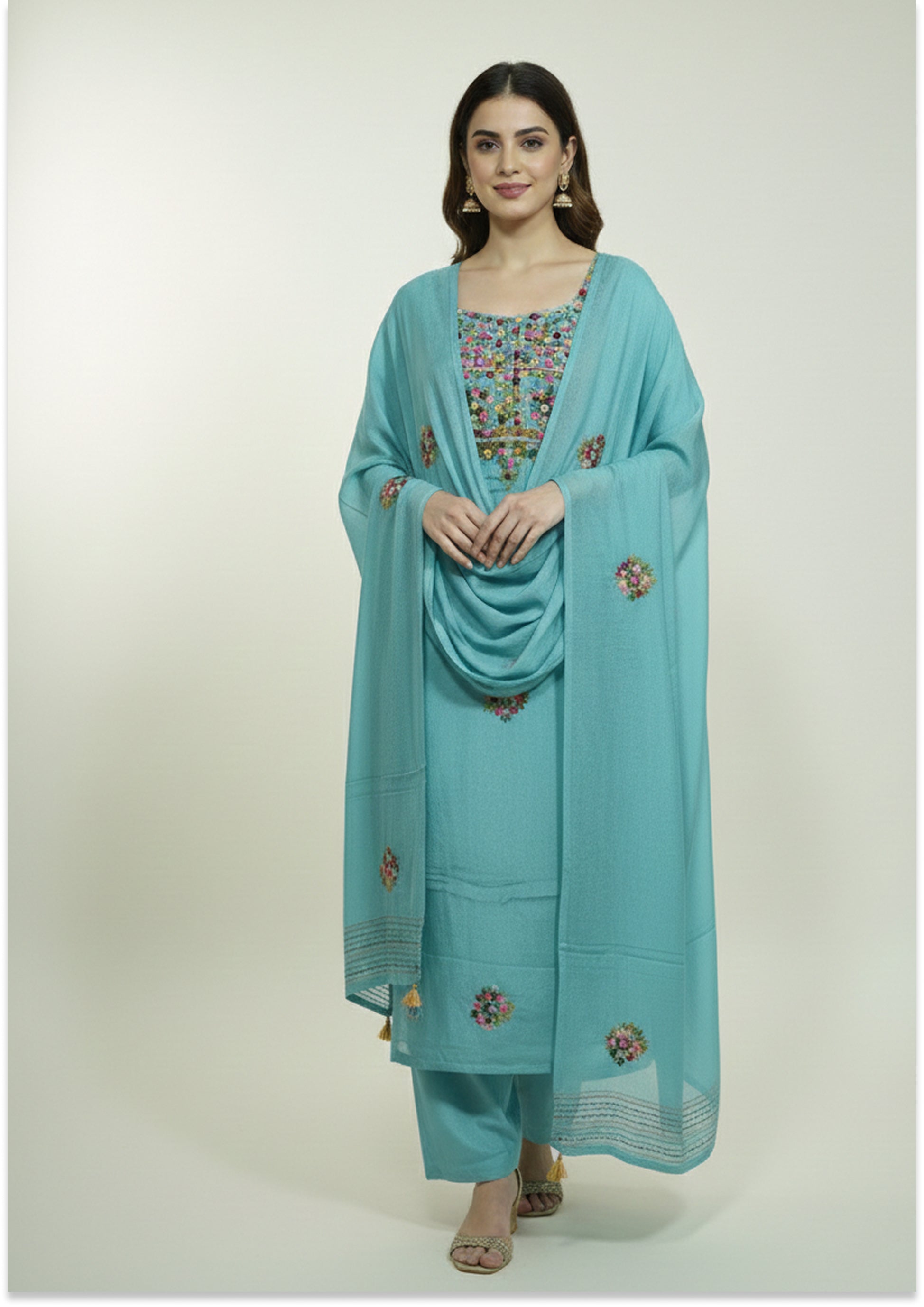 Light Turquoise Knot Work Unstitched Suit Material