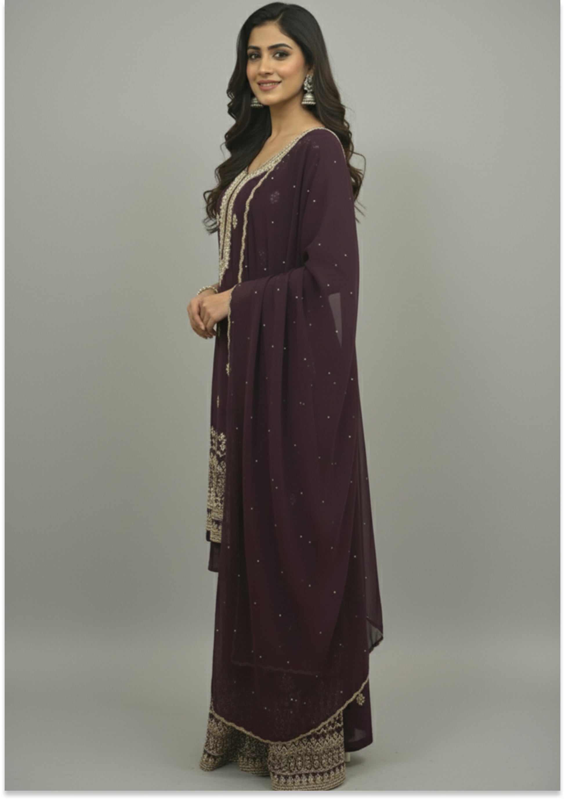Wine Handcrafted Suit Material with Stitched Gharara