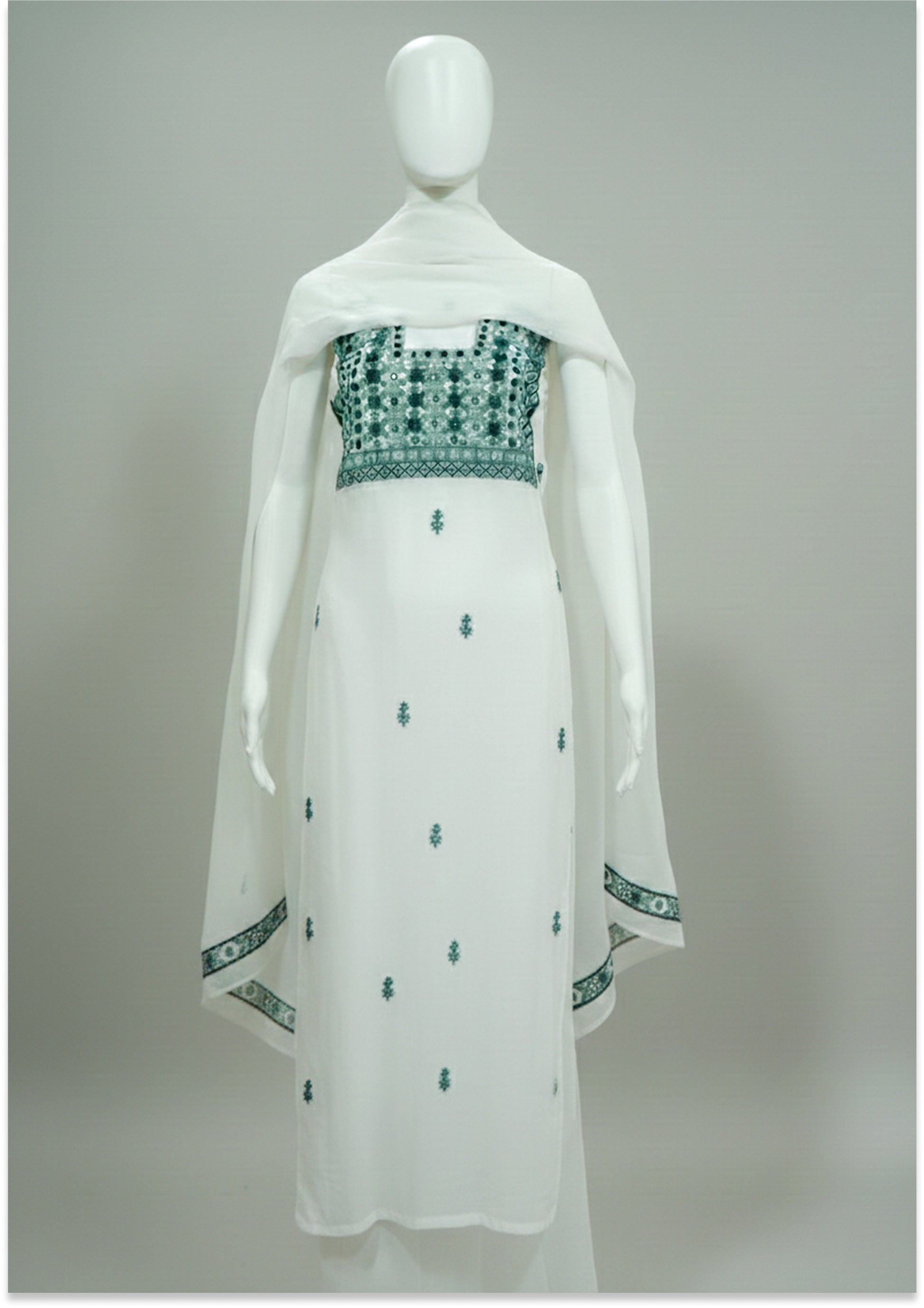 Off White Georgette Unstitched suit material with Bottle Green Knot Work
