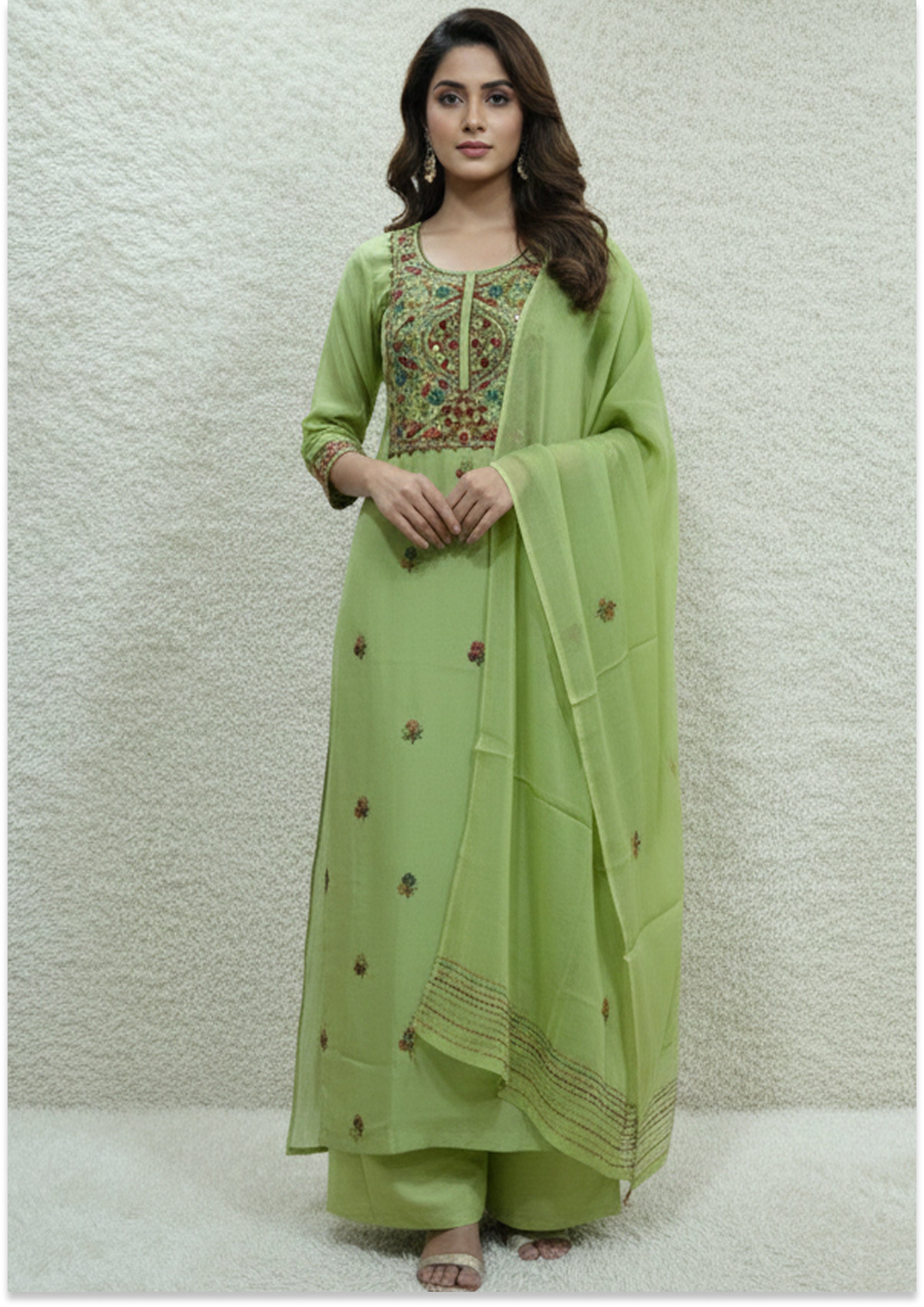 Mehendi Green Knot Work Unstitched Suit Material