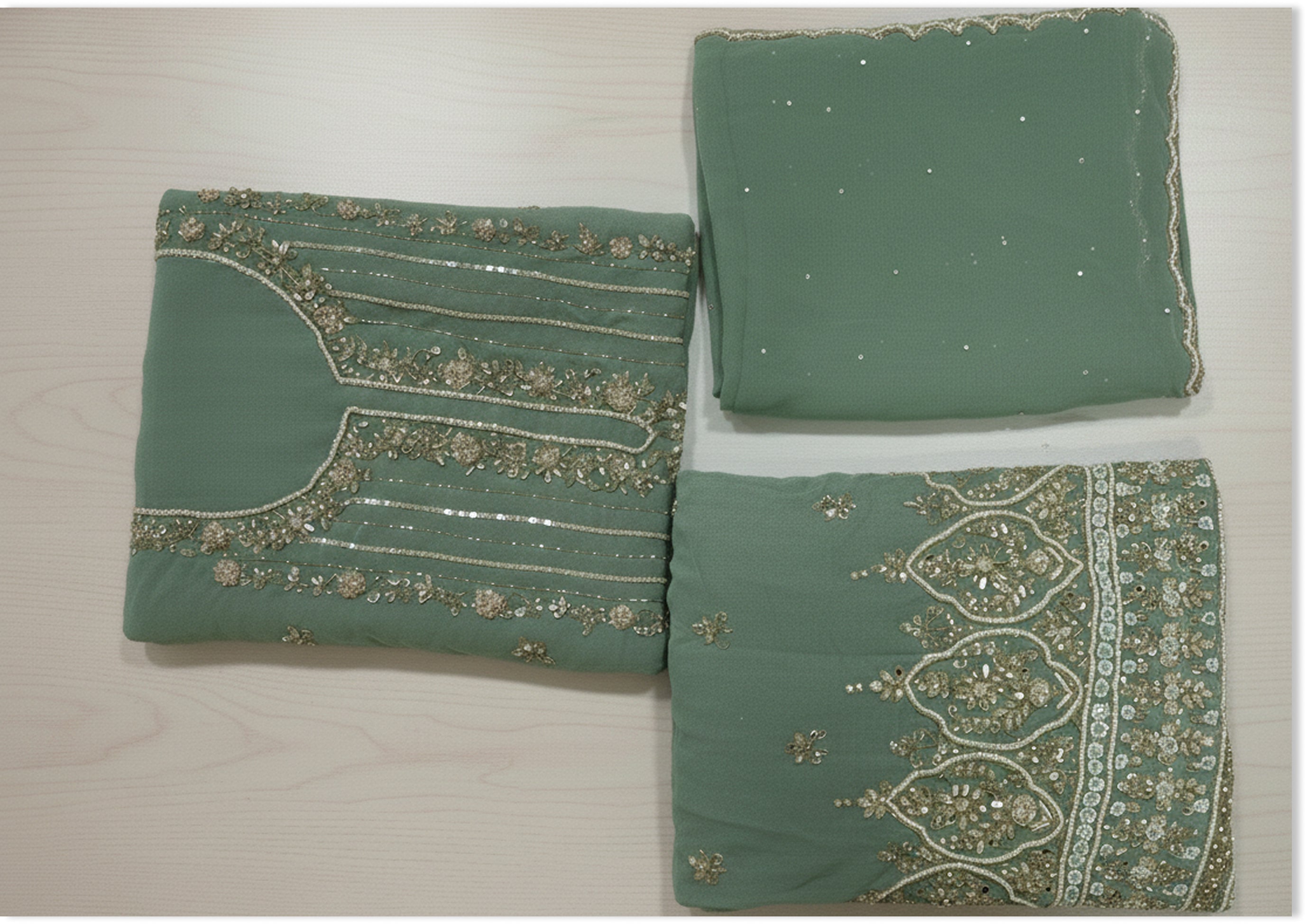 Teel Green Handcrafted Suit Material with Stitched Gharara