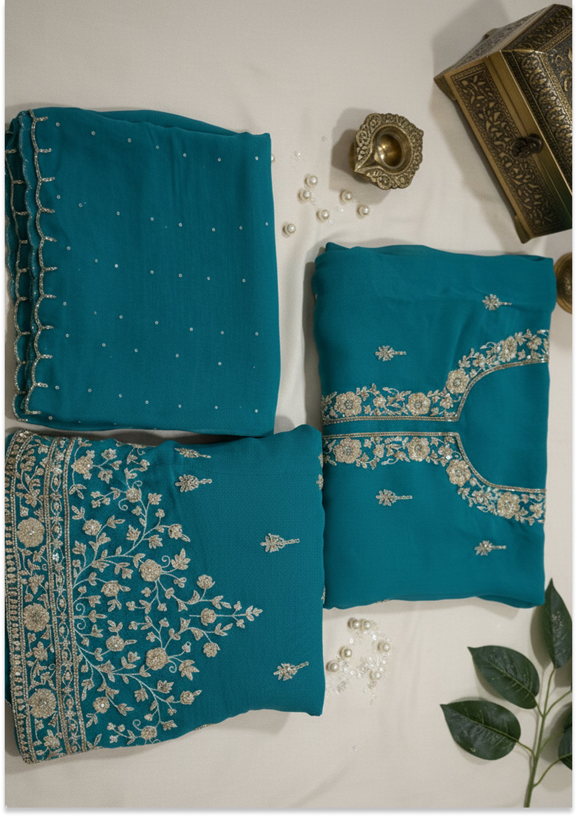 Firozi Handcrafted Suit Material with Stitched Gharara