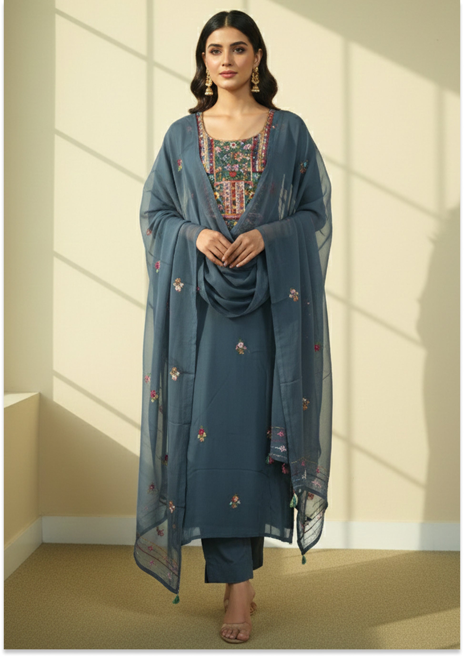 Dark Grey Georgette Handcrafted Unstitched Suit Material