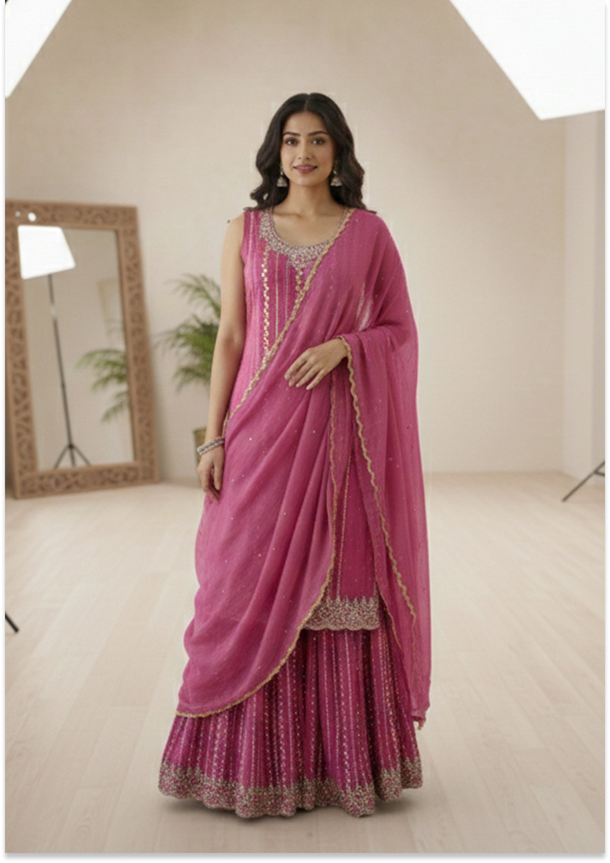 Onion Pink Handcrafted Suit Material with Stitched Gharara