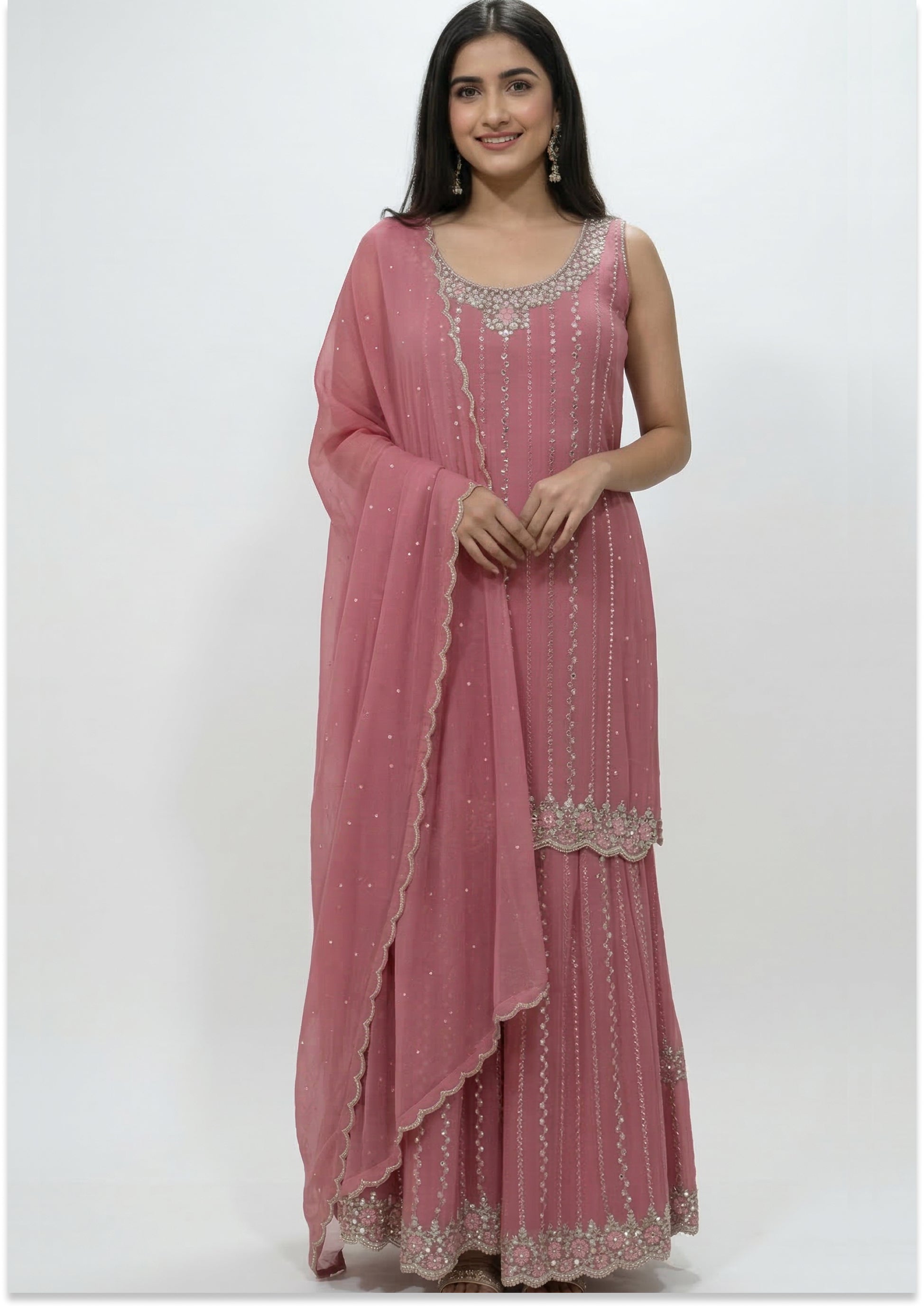 Peach Handcrafted Suit Material with Stitched Gharara