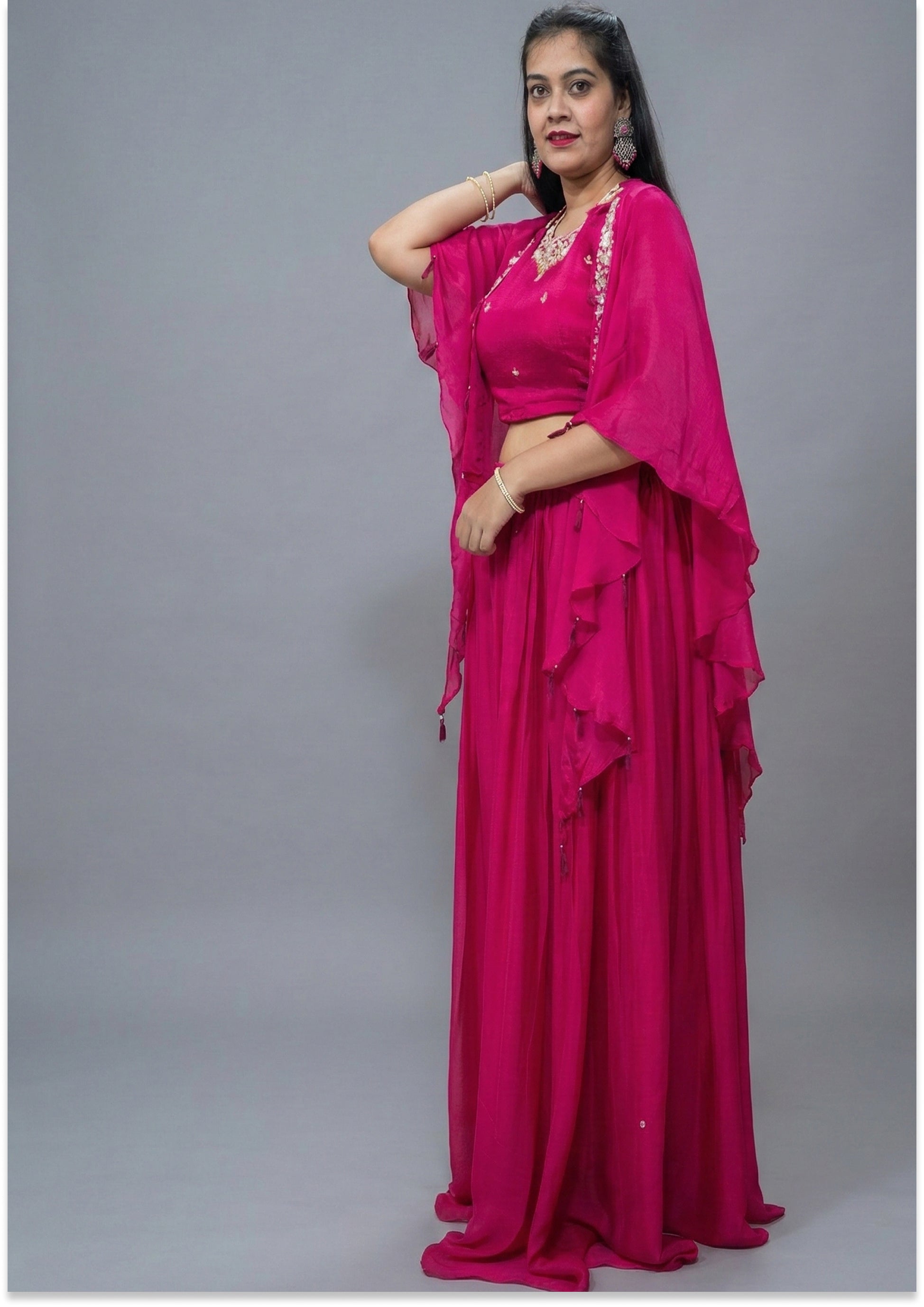 Magenta Handcrafted Lehenga with Cape