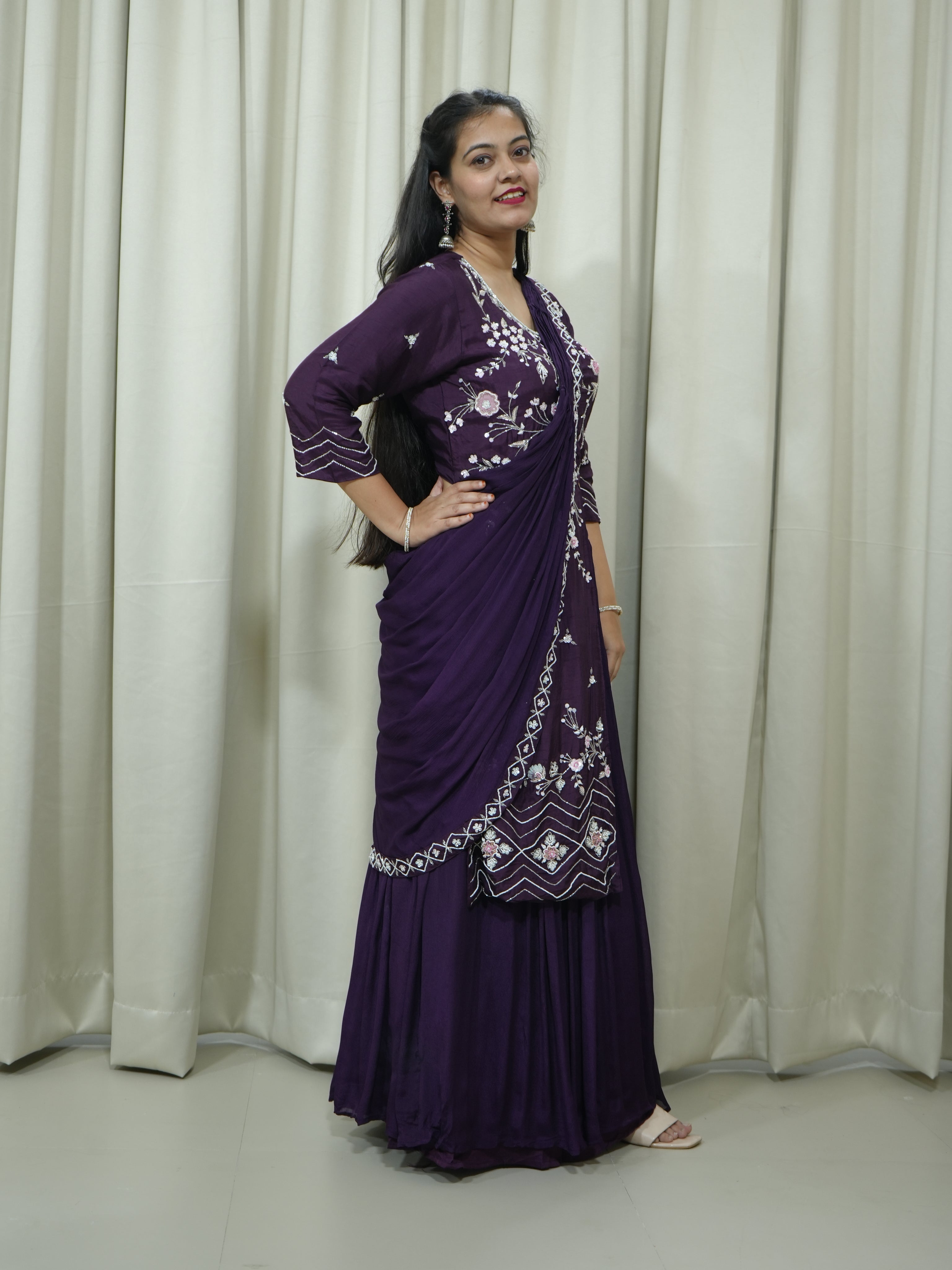 Wine Handcrafted Indo-Western Drape Dress with Skirt