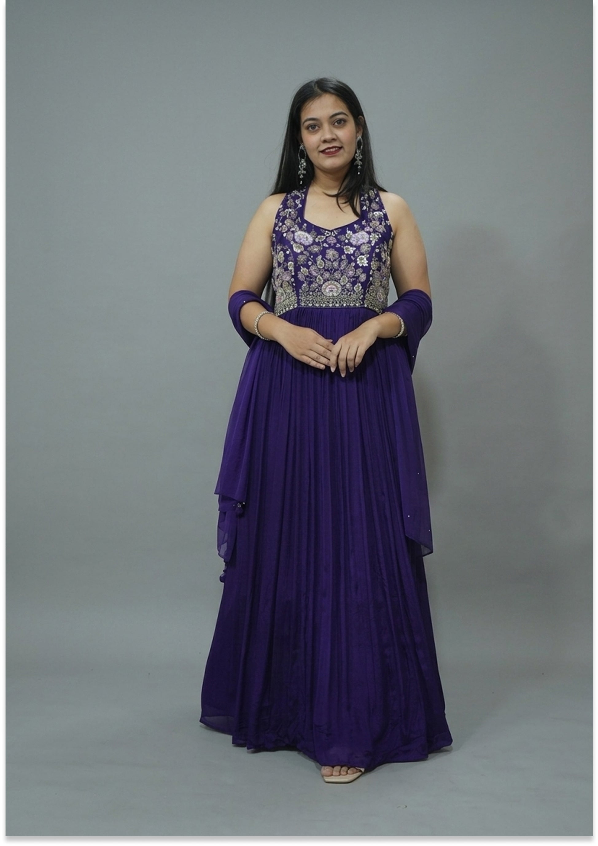 Purple Halter Handcrafted Indo-Western Evening Gown