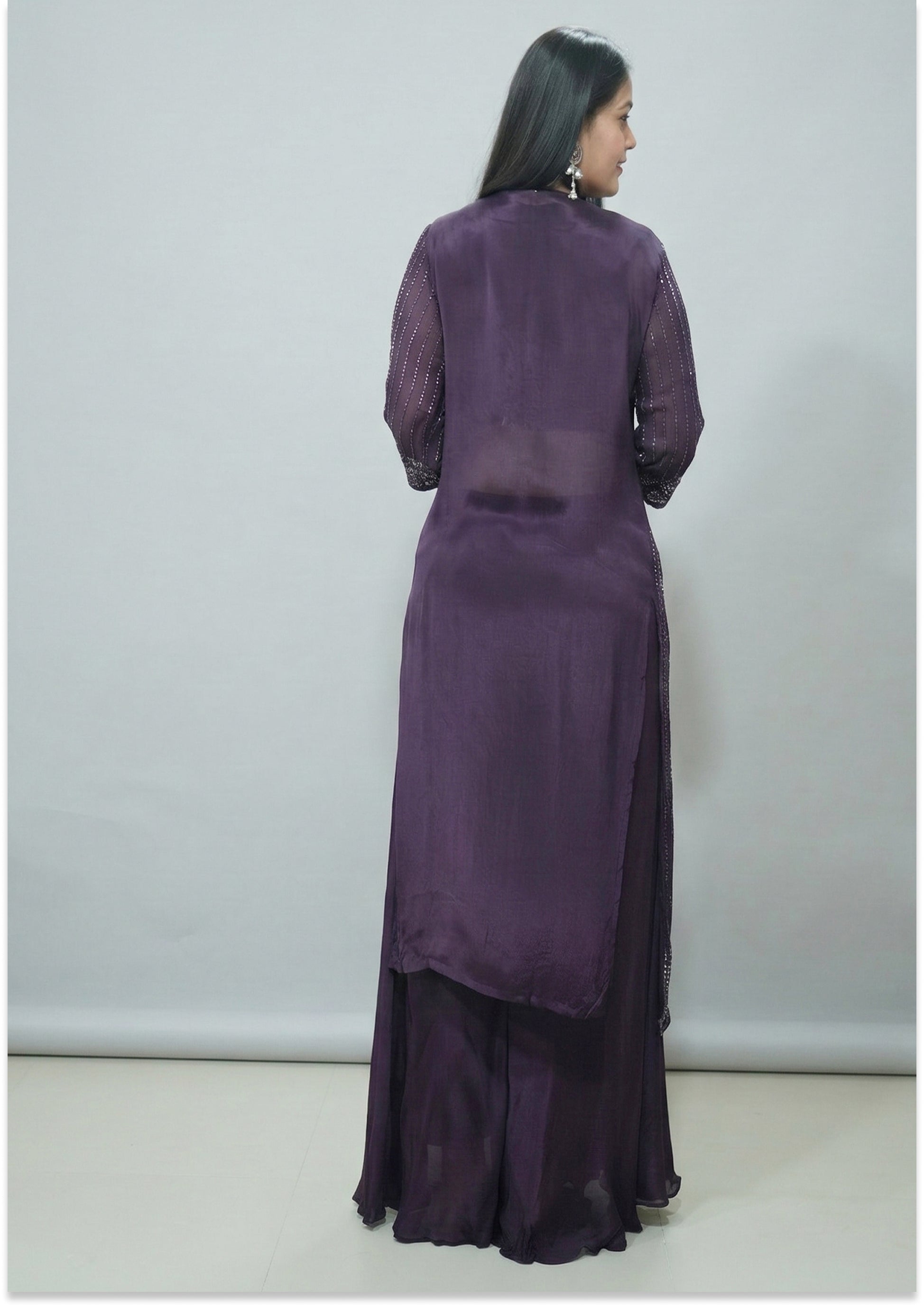 Wine Handcrafted Indo-Western Kurta Set with Long Jacket