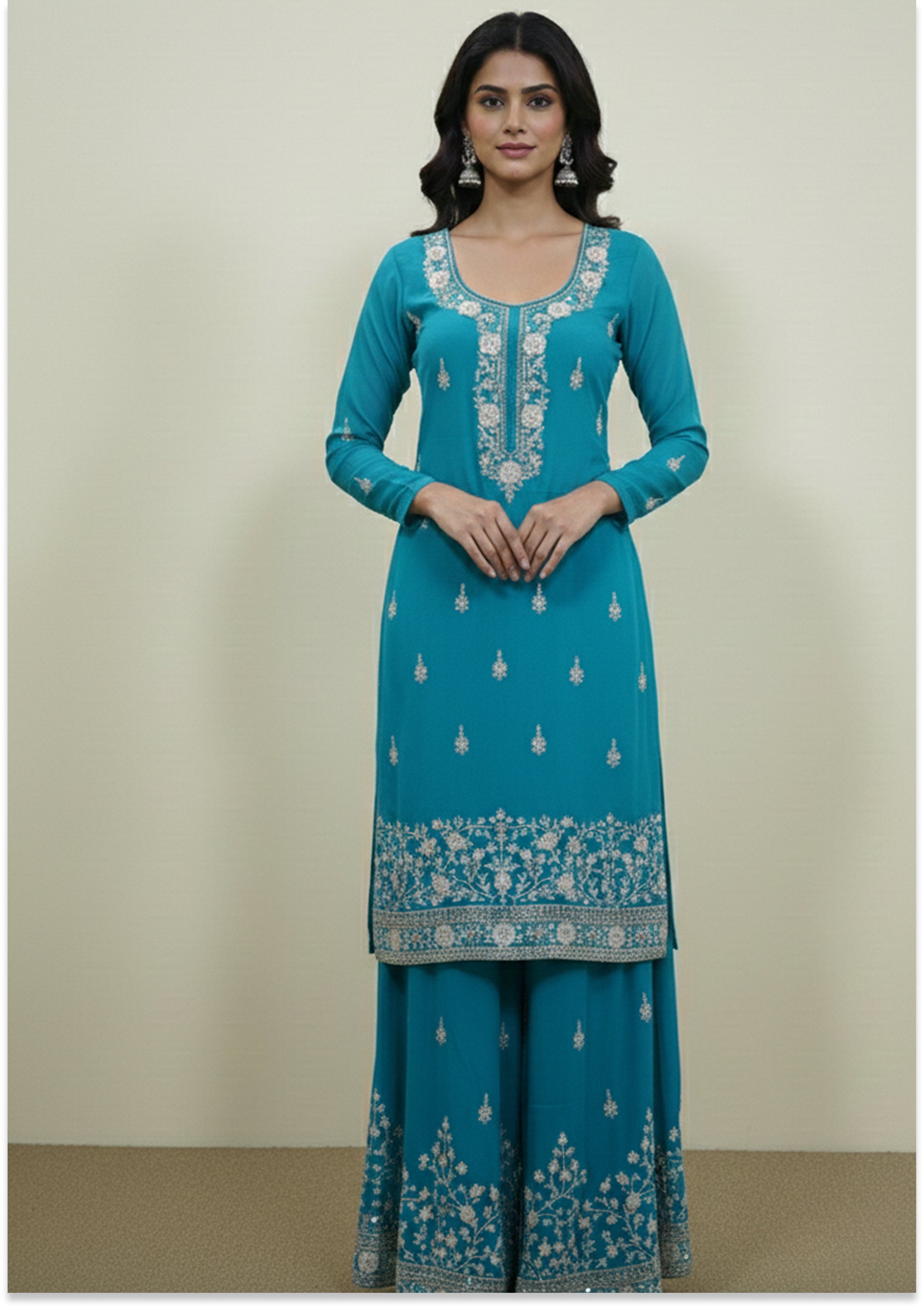 Firozi Handcrafted Suit Material with Stitched Gharara