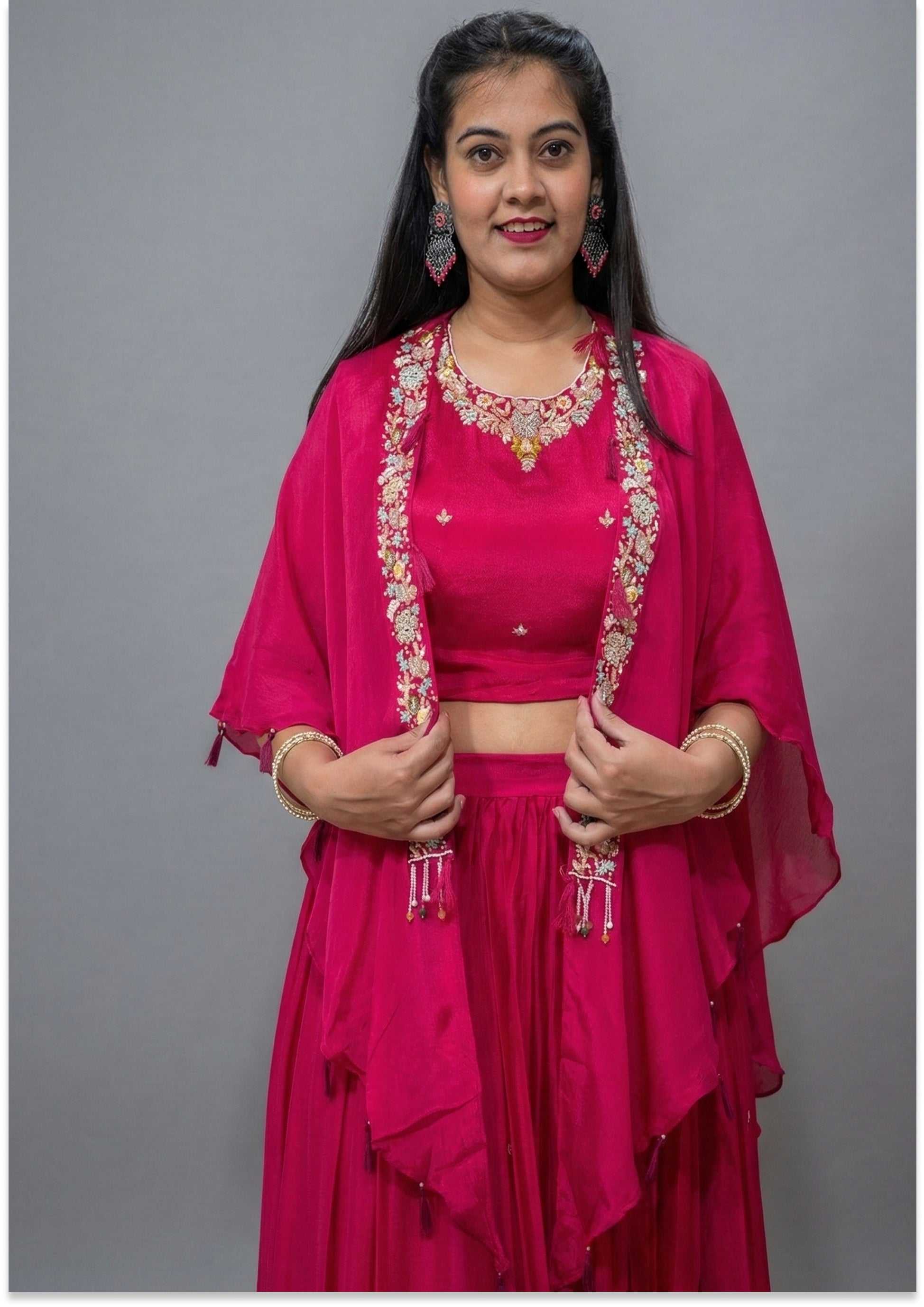 Magenta Handcrafted Lehenga with Cape