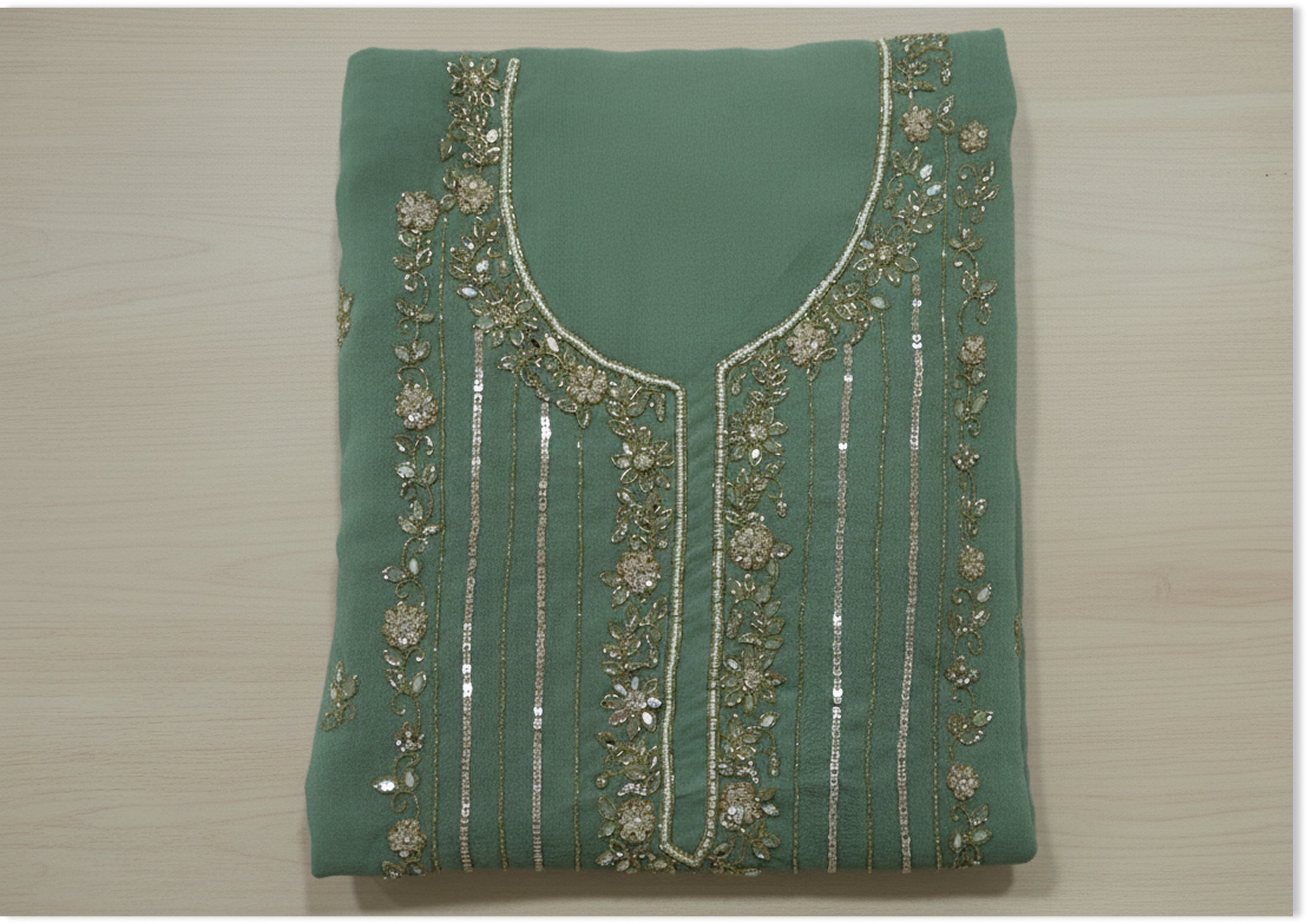 Teel Green Handcrafted Suit Material with Stitched Gharara