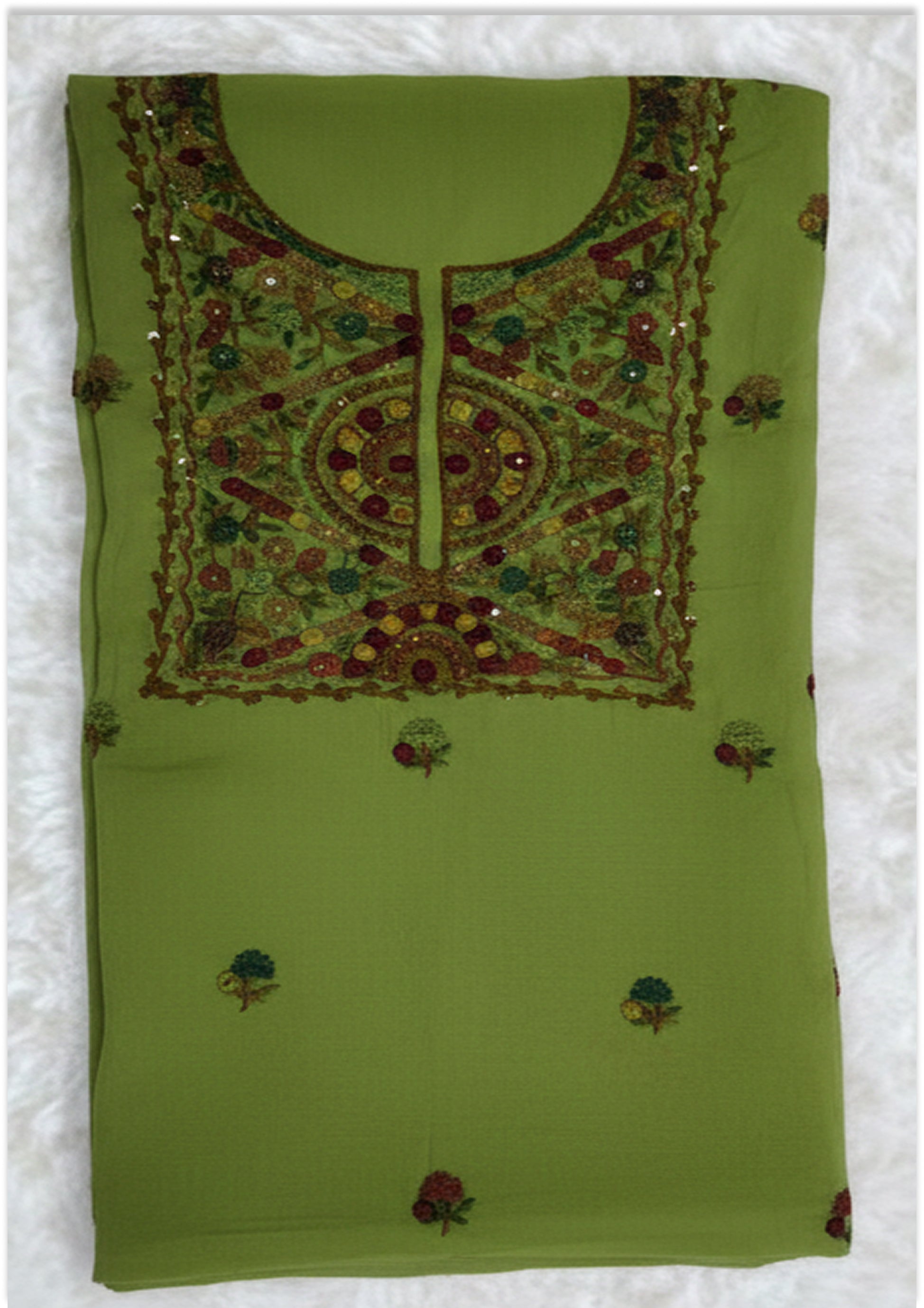 Mehendi Green Knot Work Unstitched Suit Material