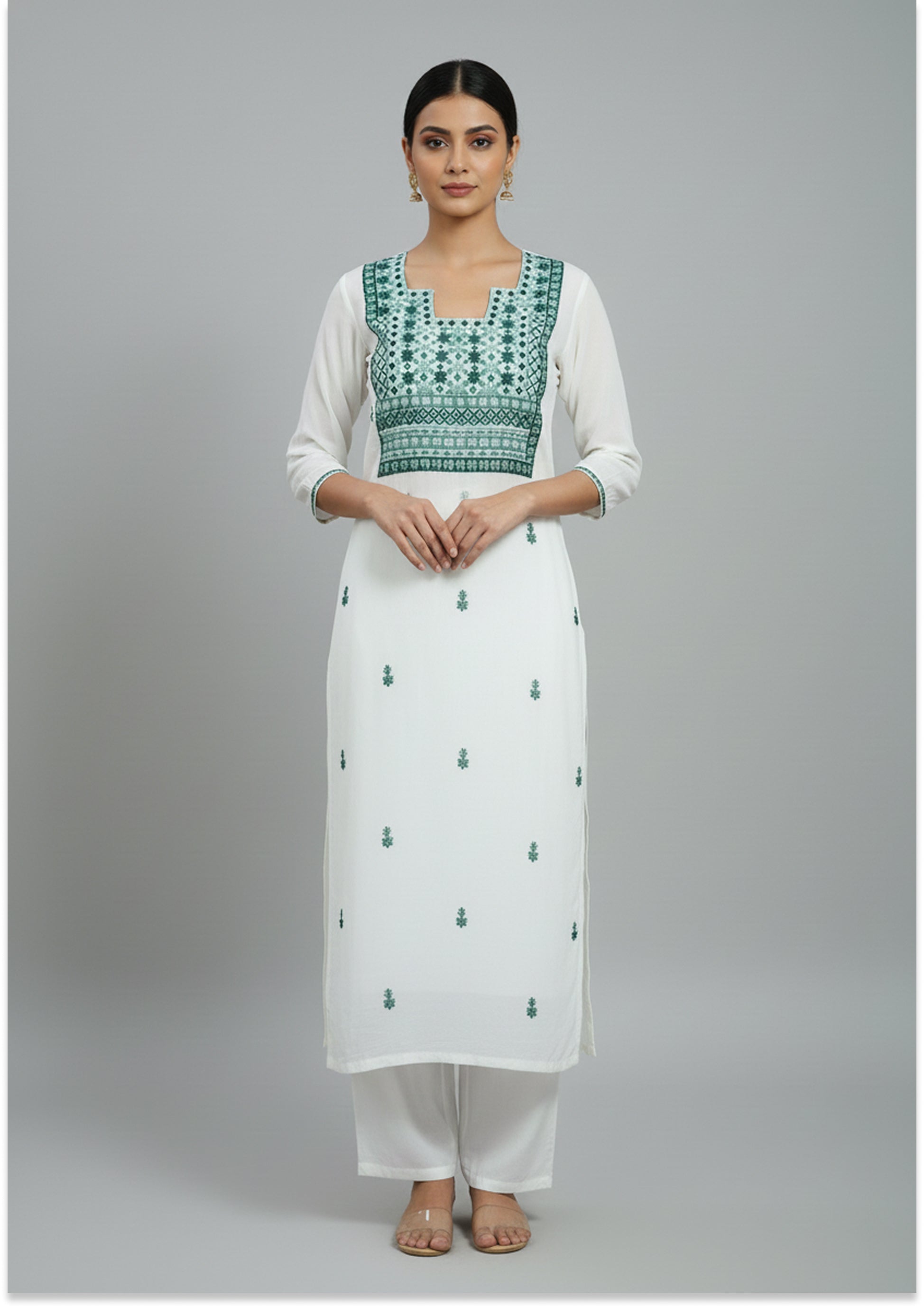 Off White Georgette Unstitched suit material with Bottle Green Knot Work