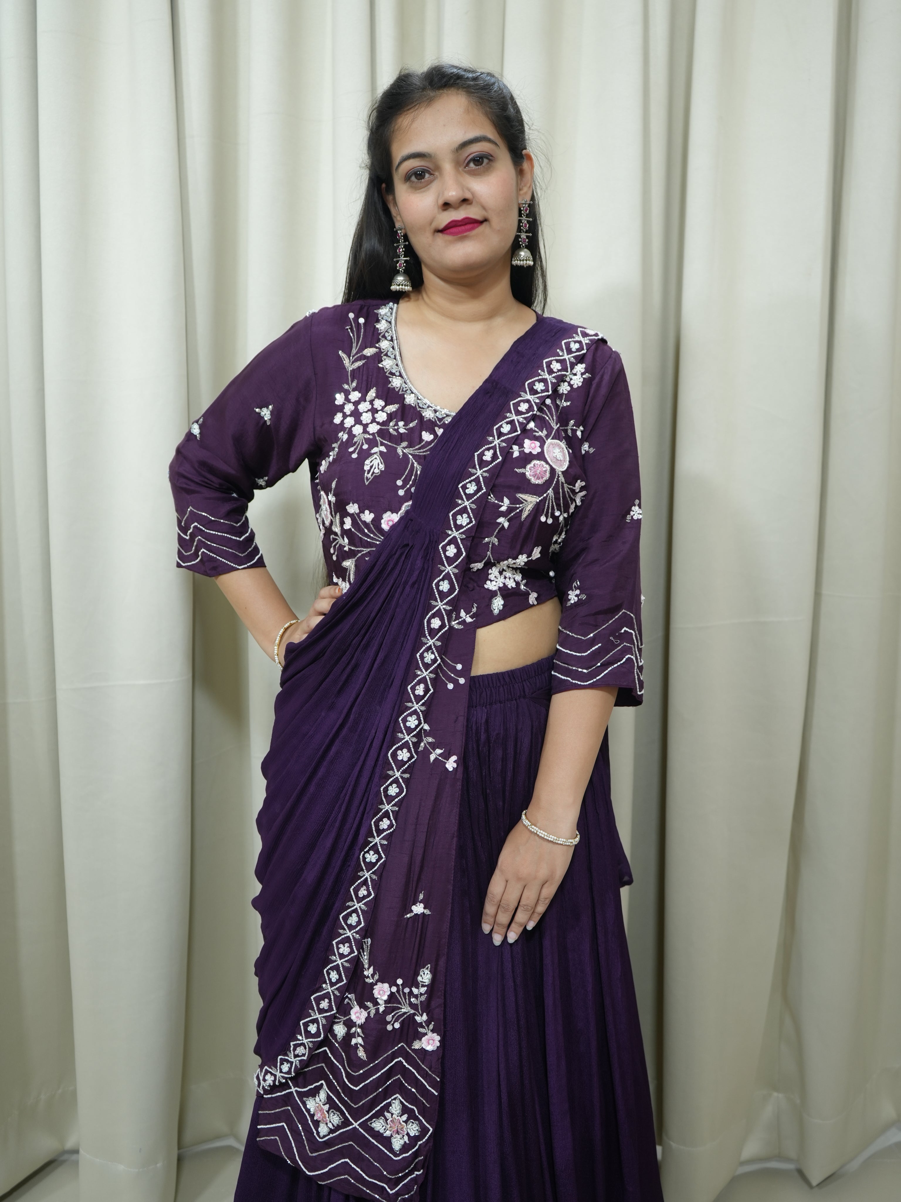 Wine Handcrafted Indo-Western Drape Dress with Skirt