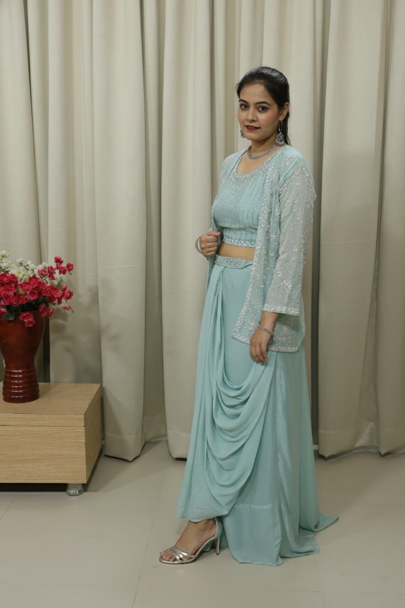 Aqua Green Handcrafted Indo-Western Lehenga with Jacket