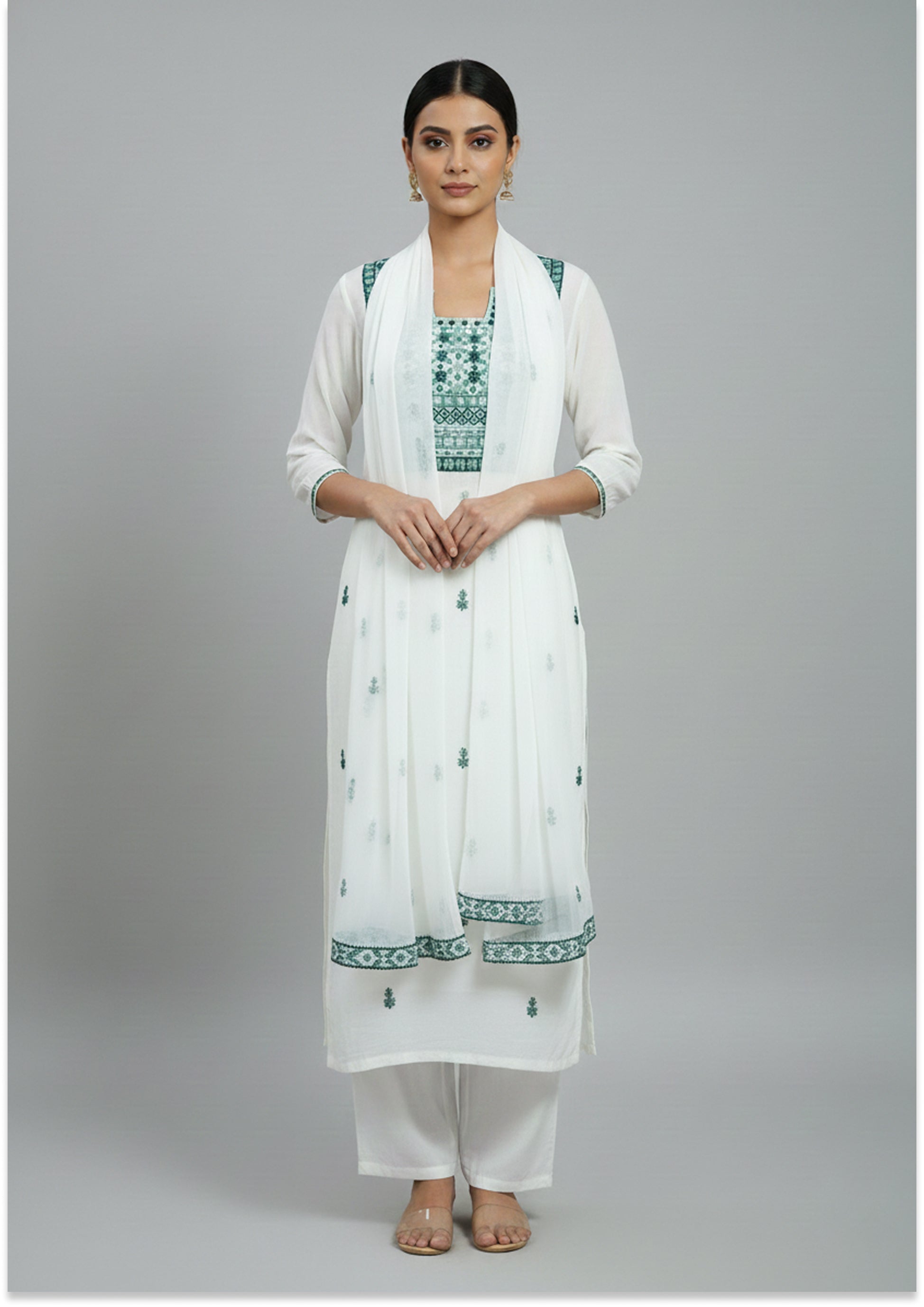 Off White Georgette Unstitched suit material with Bottle Green Knot Work