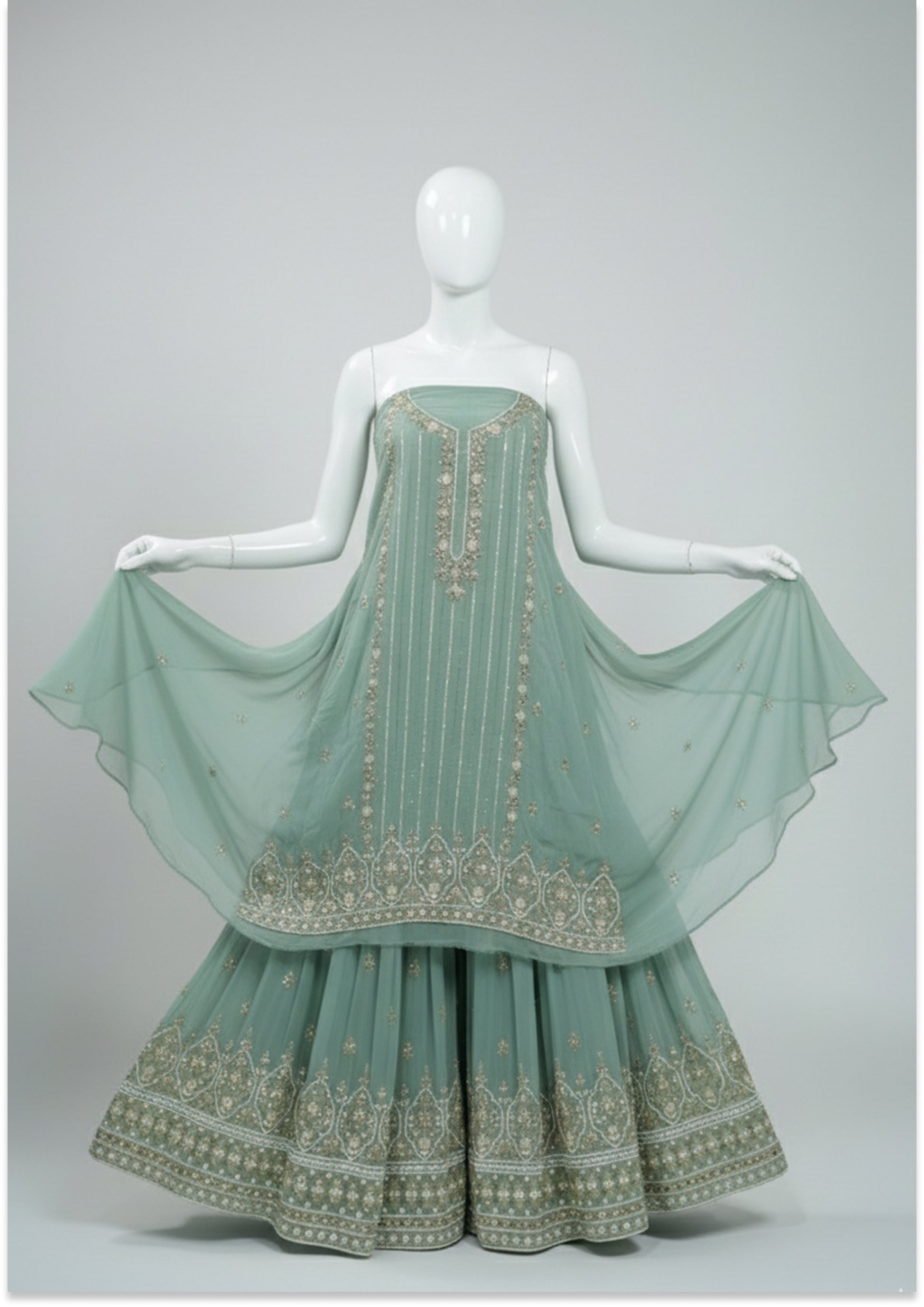 Teel Green Handcrafted Suit Material with Stitched Gharara
