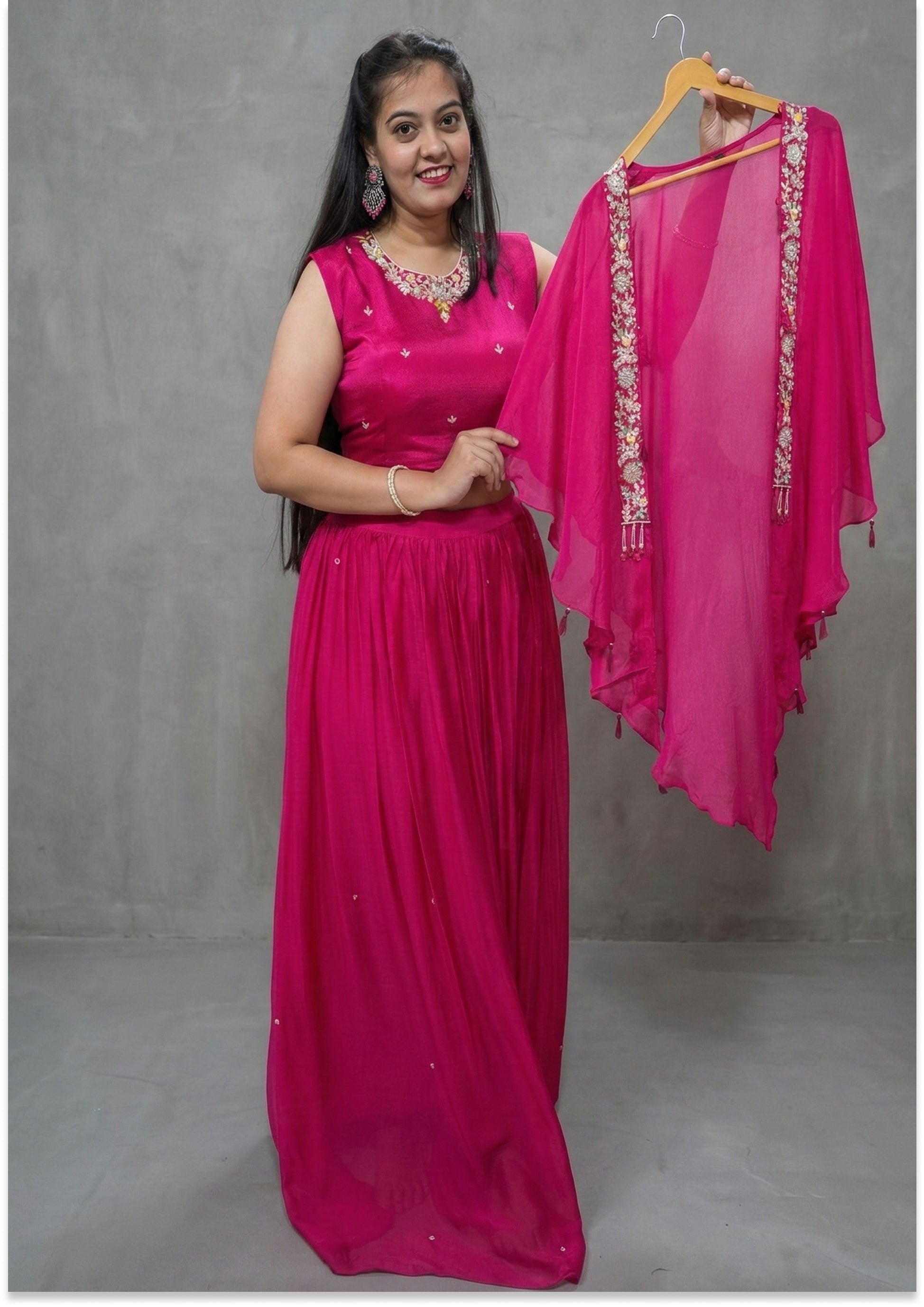 Magenta Handcrafted Lehenga with Cape