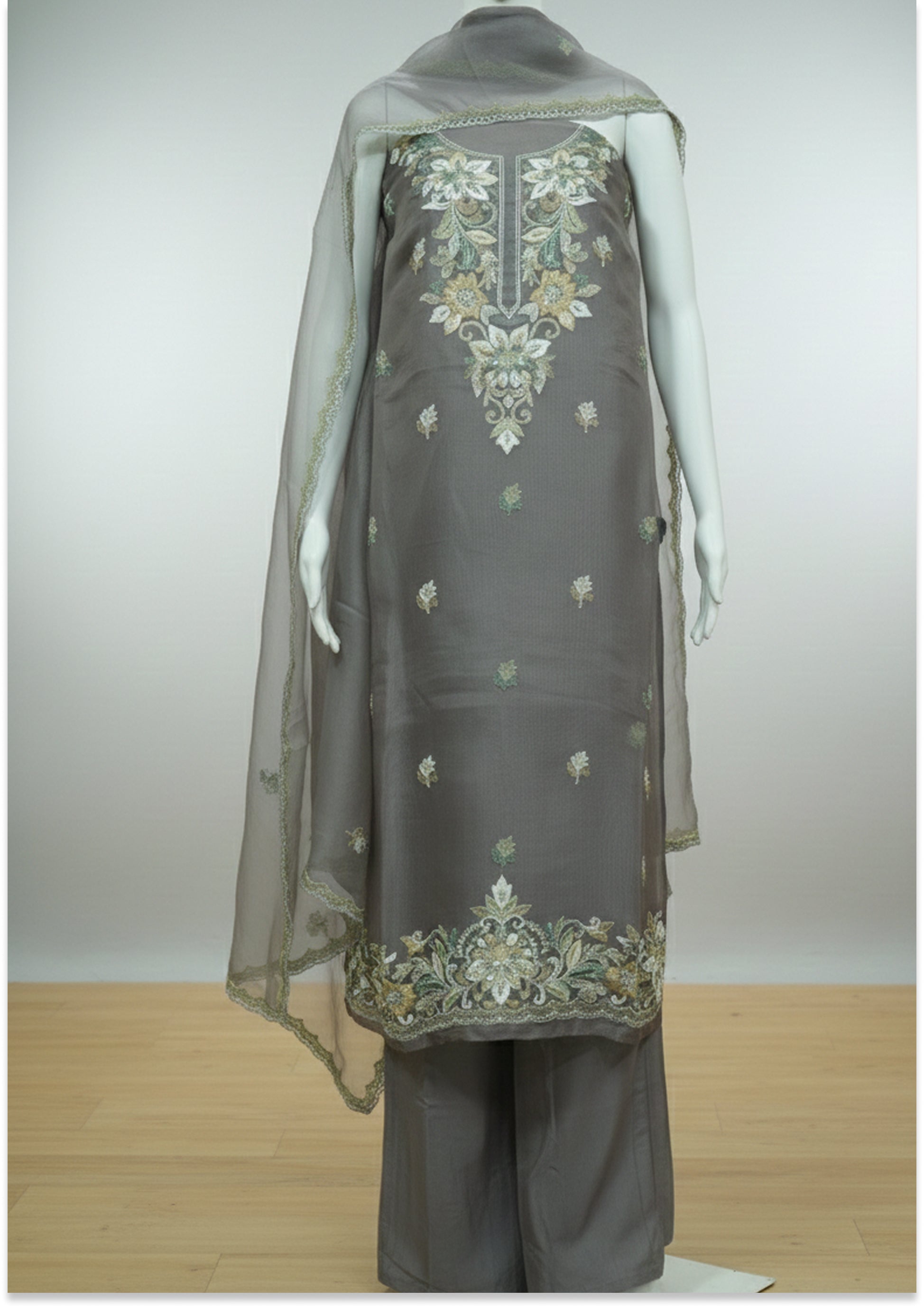 Mouse Color Pure Organza Handcrafted Premium Unstitched suit Material