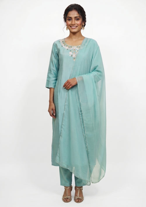 Aqua Blue Silk Handcrafted 3pc Suit Set