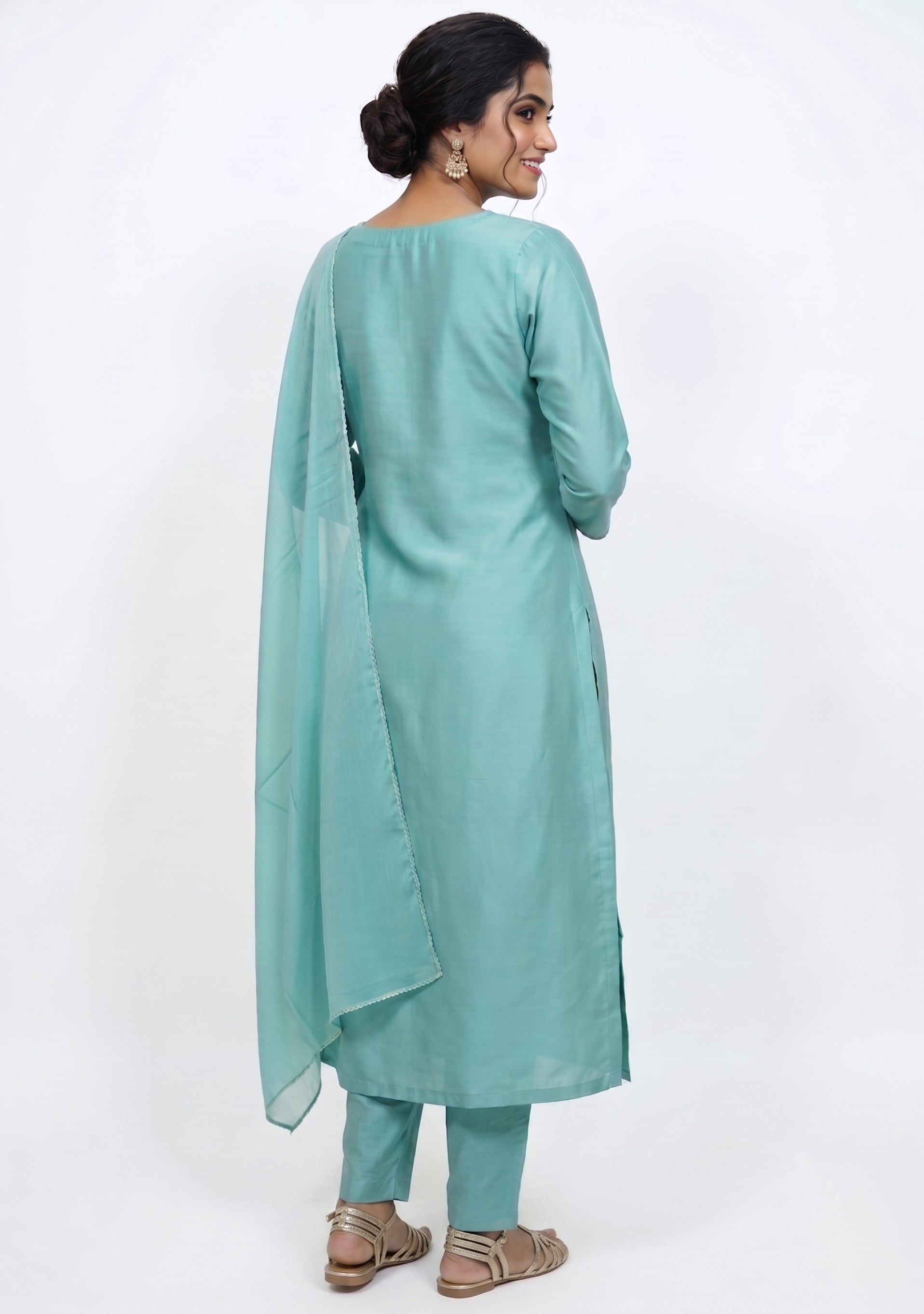 Aqua Blue Silk Handcrafted 3pc Suit Set