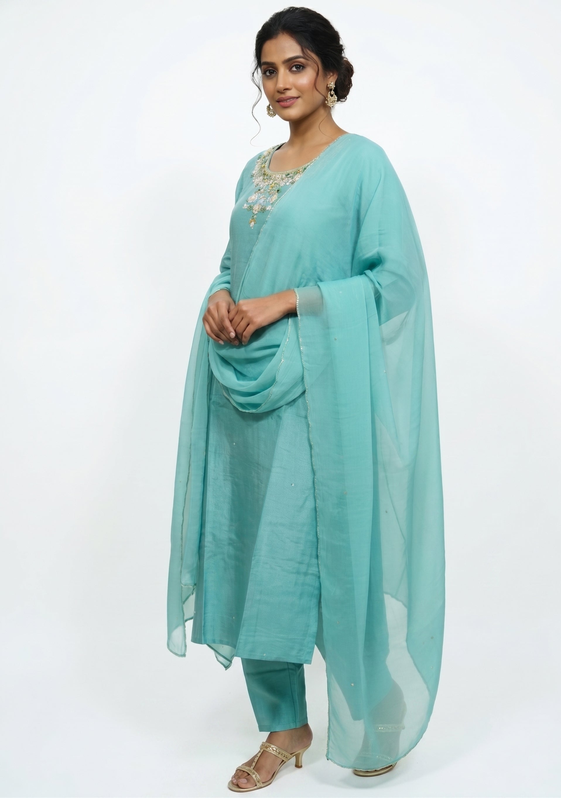 Aqua Blue Silk Handcrafted 3pc Suit Set